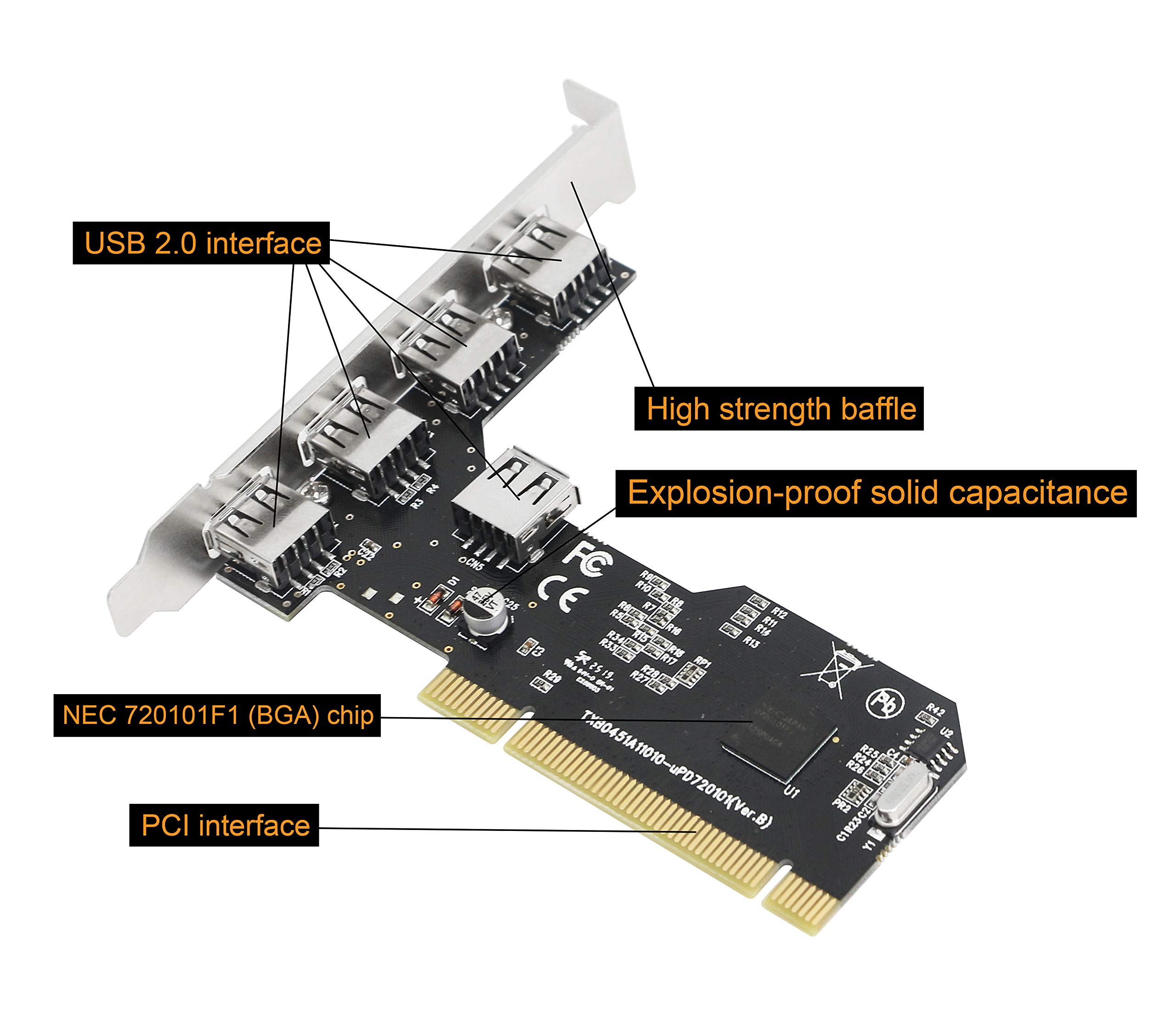 CERRXIAN 5-portowa karta rozszerzeń PCI na USB 2.0, karta rozszerzeń PCI karta USB do komputera stacjonarnego, adapter kontrolera koncentratora PCI na USB 2.0, indywidualny