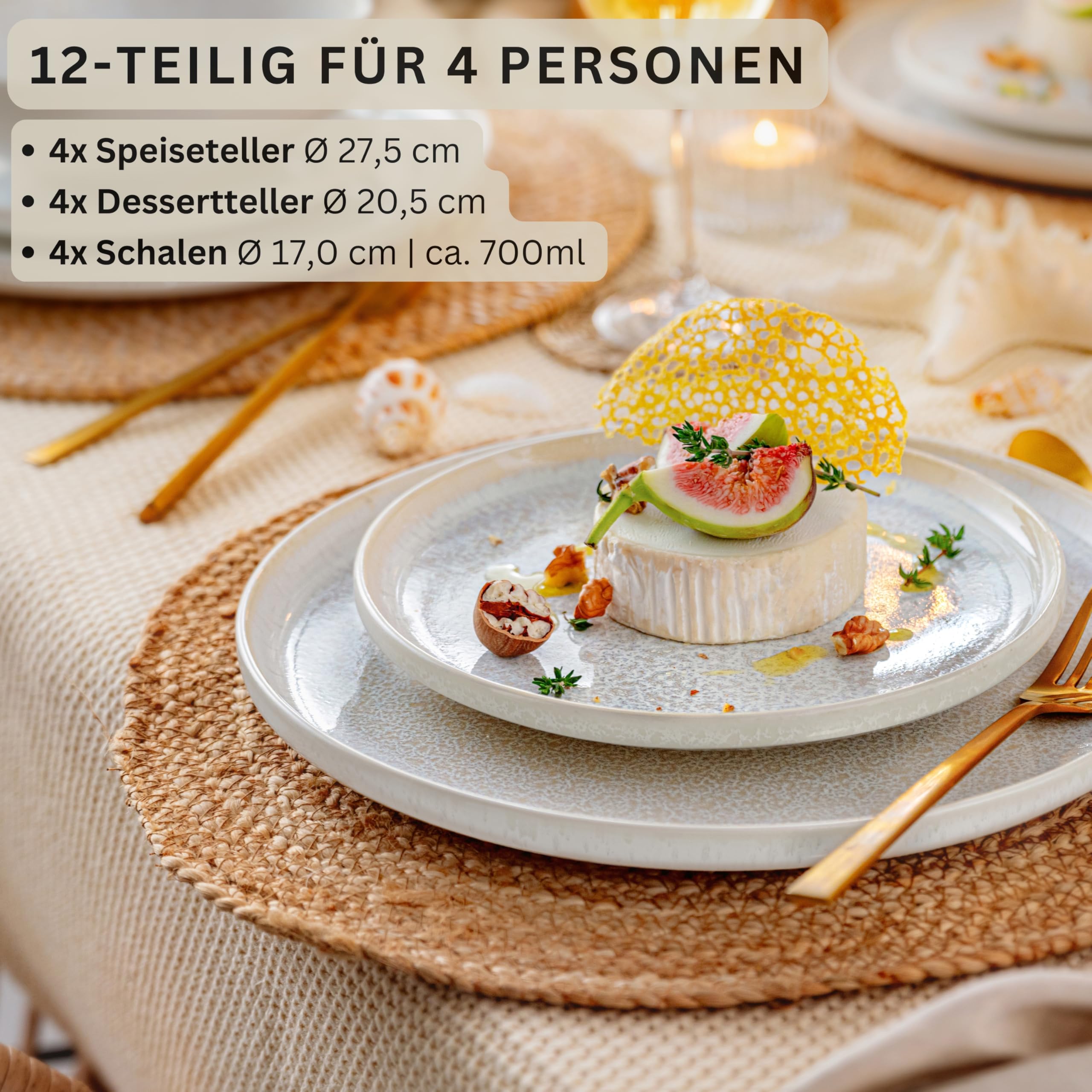 SÄNGER Geschirrset Korfu 12 tlg Steingut Handmade Teller Set Creme Sandiger Maserung