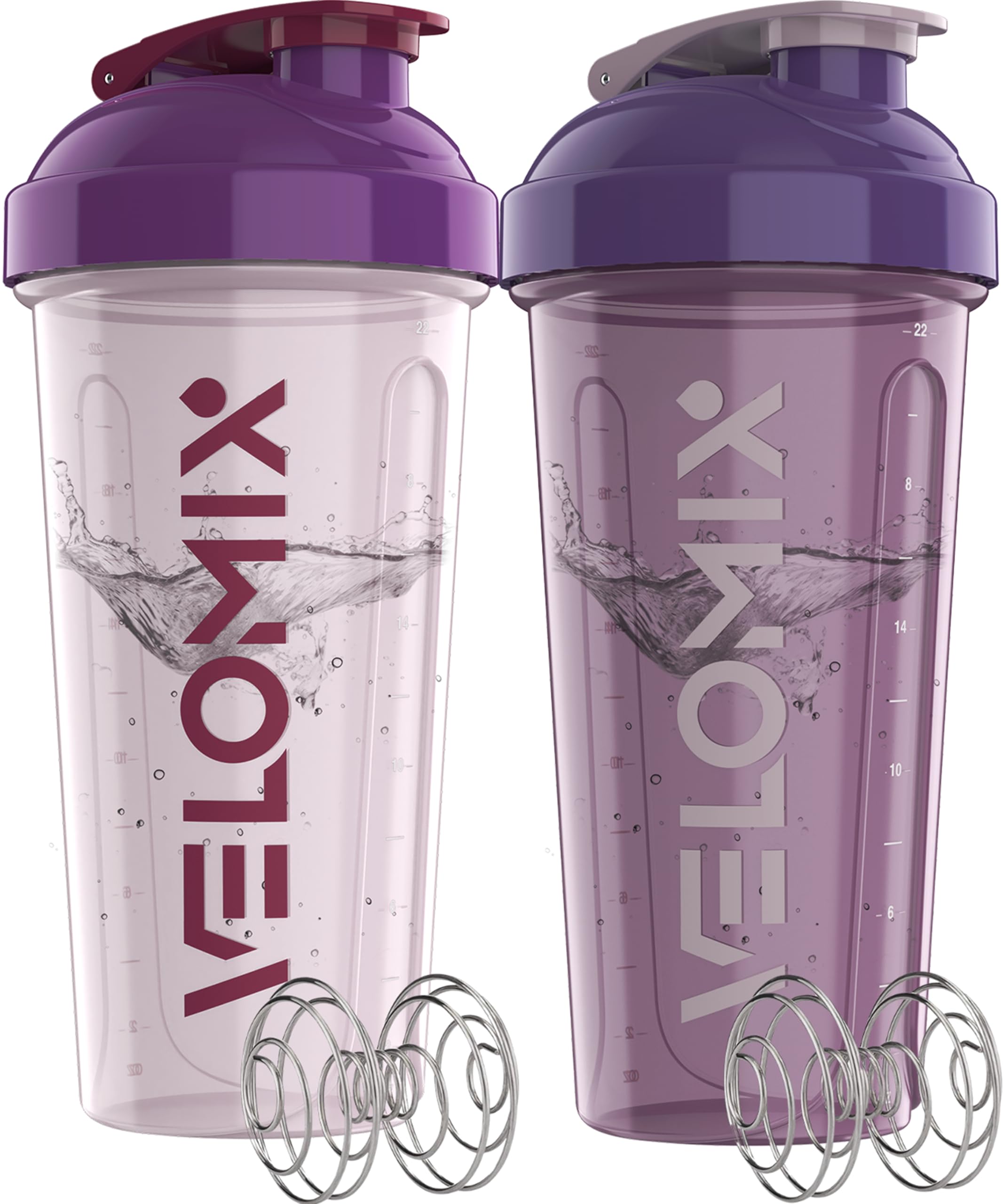 VELOMIX 2 Pack 28oz Protein Shaker Bottle for Protein Mixes, Purple Mix