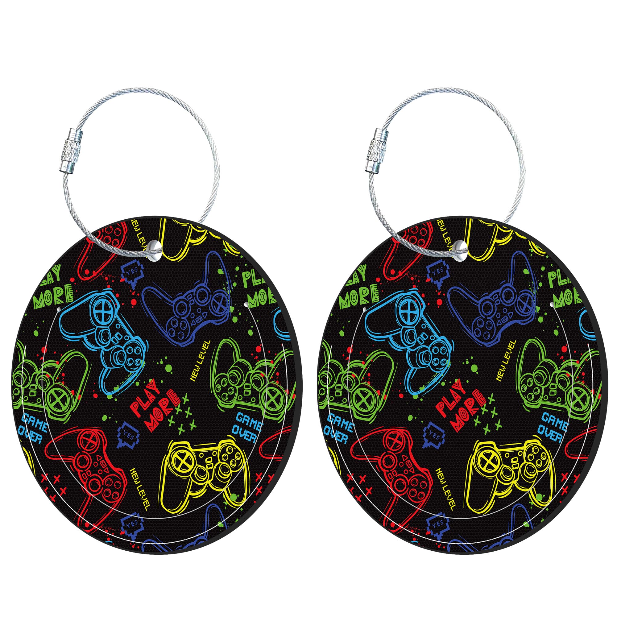 iapodiad Round Luggage Tag for Suitcases,Bright Gamepad 2 Pack Leather Travel Luggage Tags with ID Label Privacy Flap and Steel Loop for Women and Men