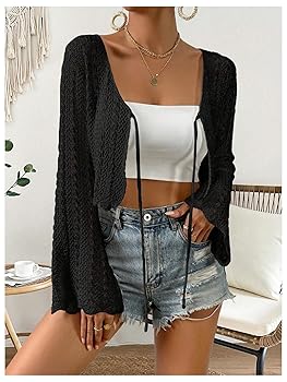 Verdusa Women's Tie Front Bell Long Sleeve Crop Cardigan