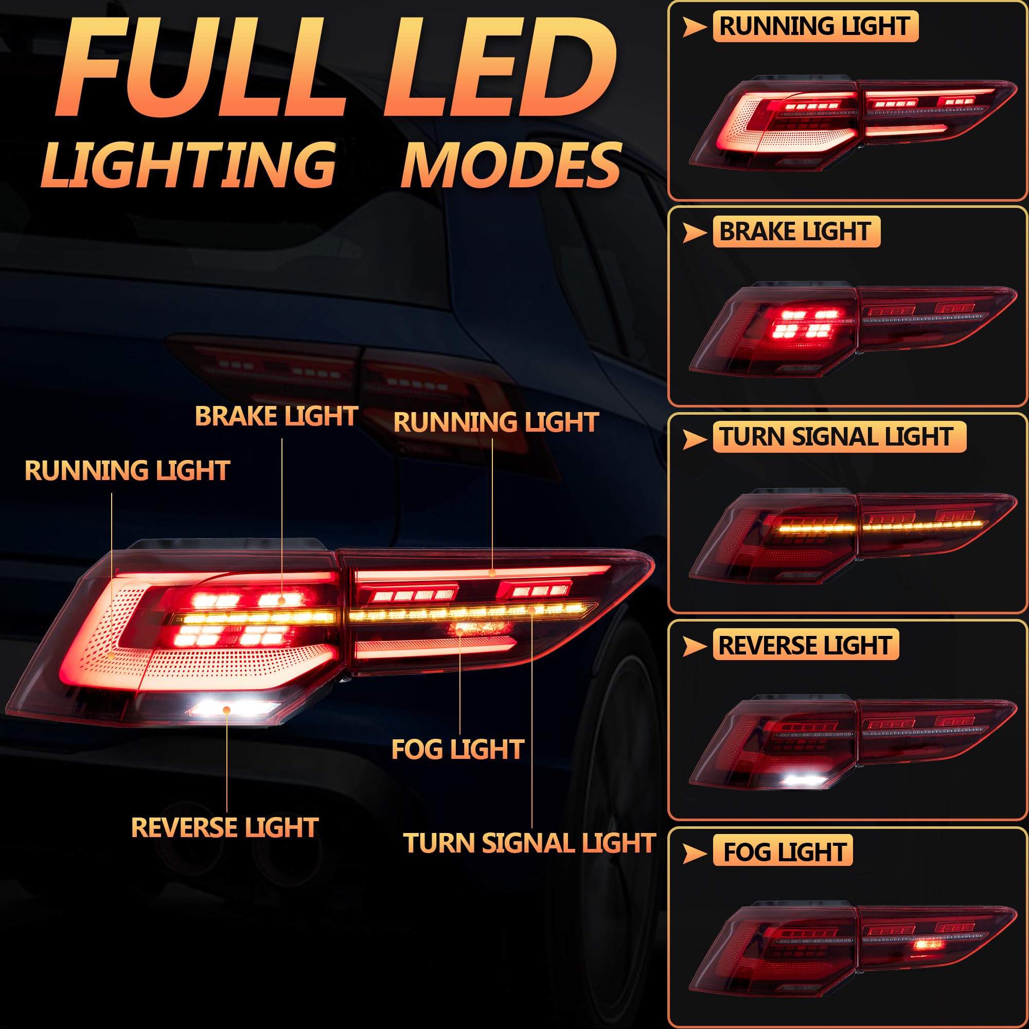 VLAND tylne światła LED do Golf MK8 Golf 8 2020-2023, z sekwencyjnym kierunkowskazem, strona kierowcy i pasażera (czerwona dioda LED)