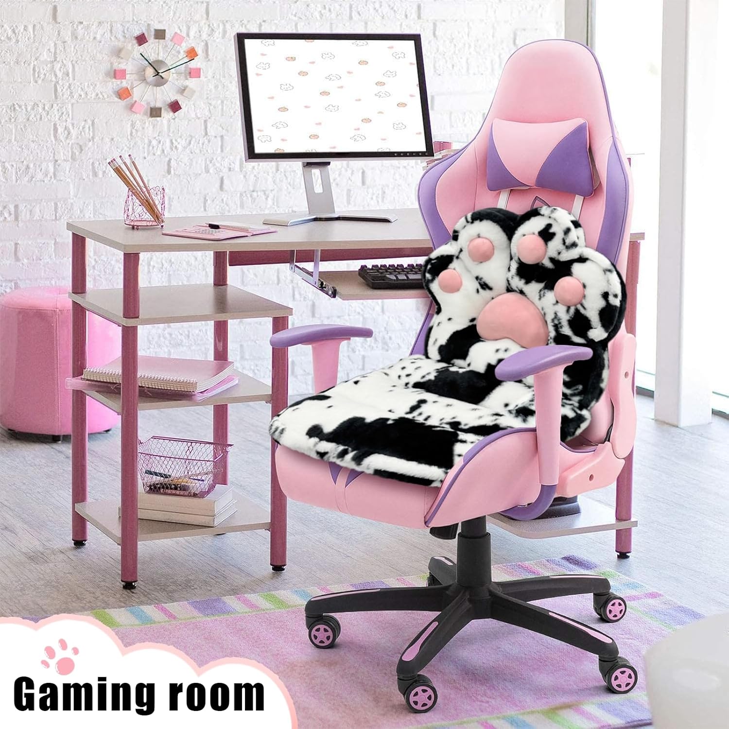 L-Shape Cat Paw Cushion, Faux Rabbit Fur Gaming Chair Cushion Soft, Gaming Chair Pillow Kawaii Cushions for Office Desk, Comfy Plush Seat Cushion for Room Decor?Cow?