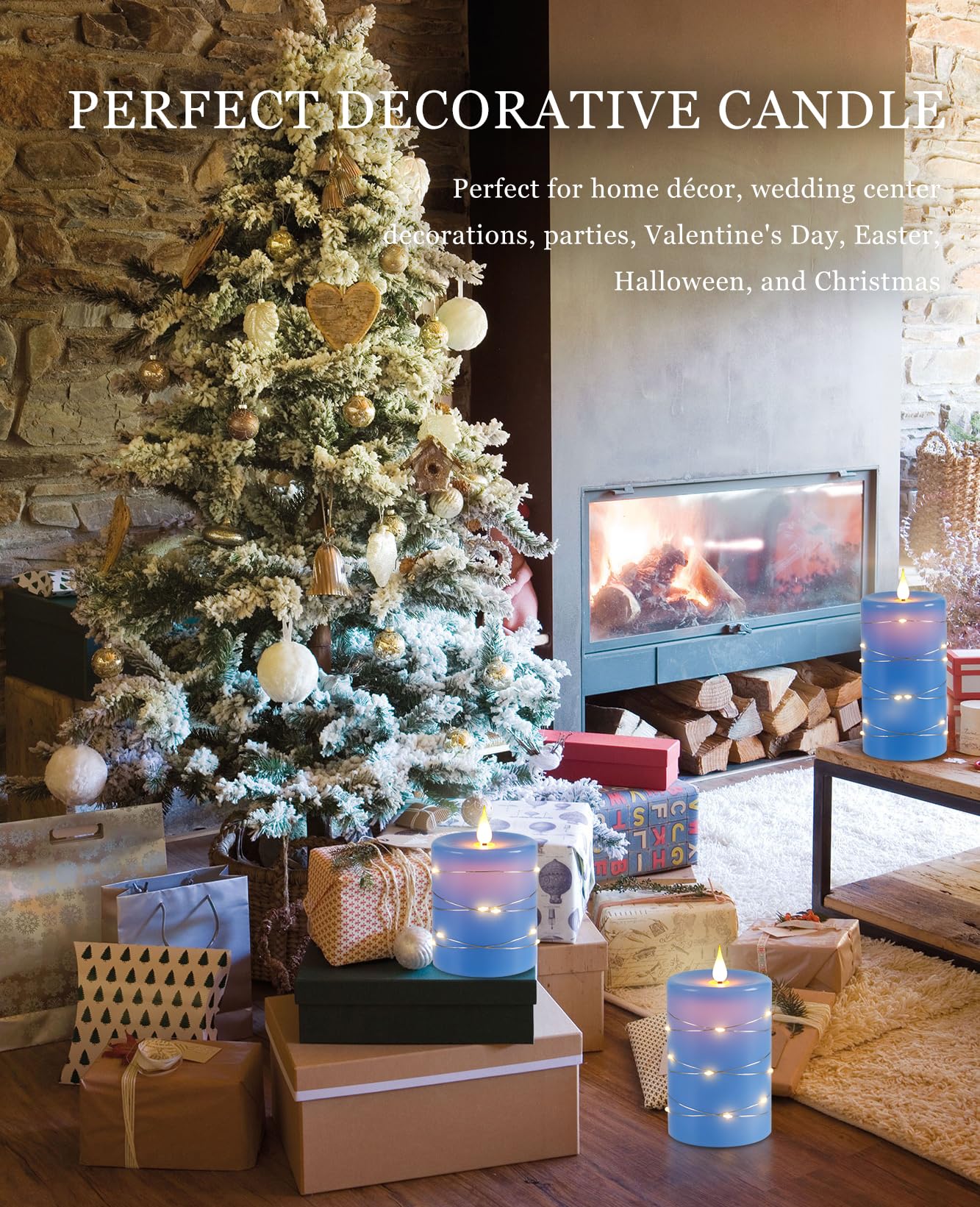 Candele LED Angolo di visione a 360 gradi, con luci stellate, 3 pezzi di candele a LED con telecomando a 10 tasti, funzione timer 24 ore, fiamma danzante, cera reale (Blu).