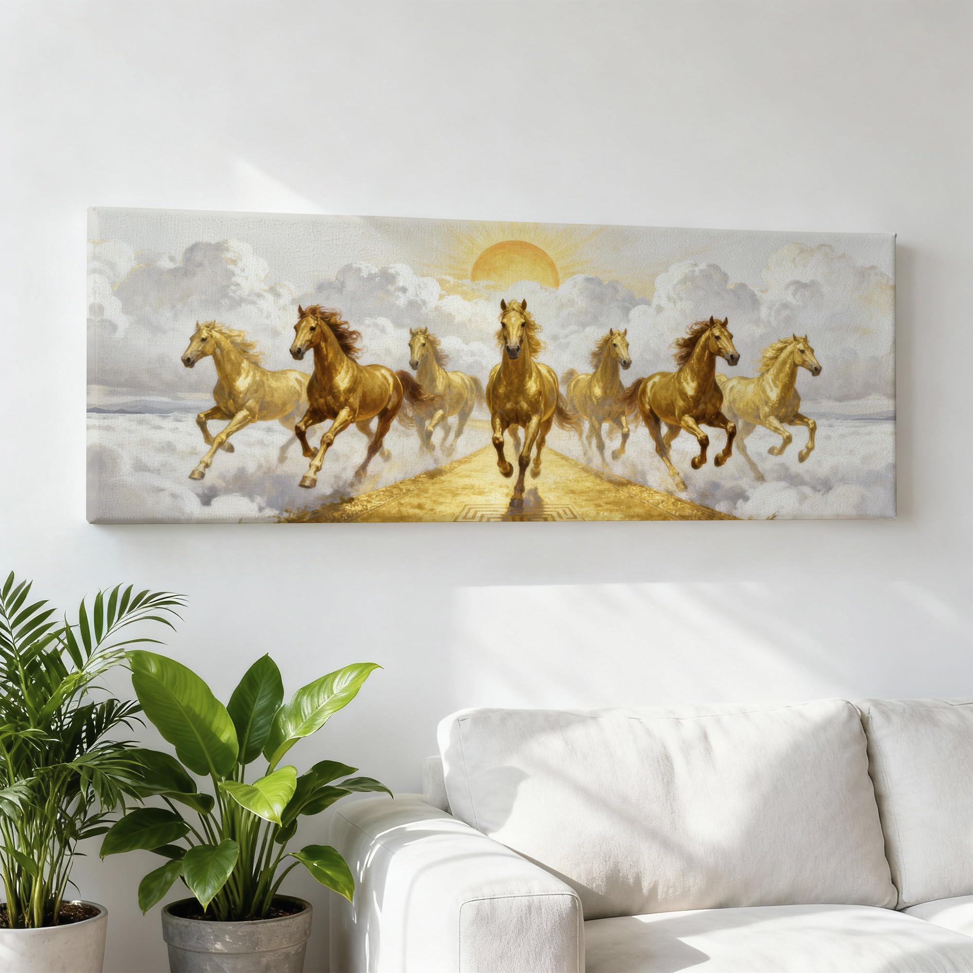 SoulAbiti Vastu Seven Horses Running Golden Path Clouds Unframed 36x14 inches Rolled Canvas Wall Realism Art UV Print Painting for Living Room, Bedroom & Office Decor Premium Gloss Vivid Fade-Resistant Print-image-1
