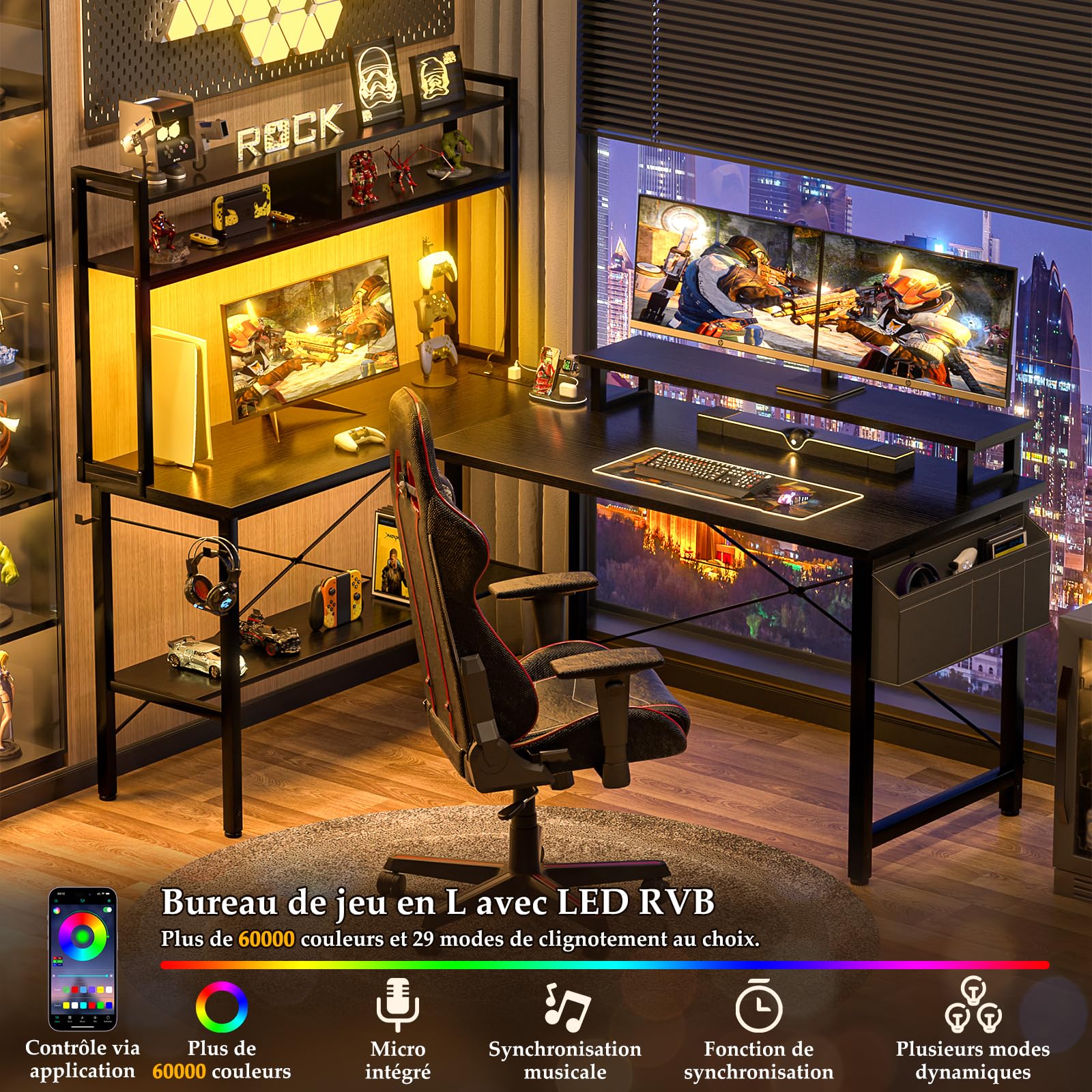 iSunirm Bureau Gaming en Forme de L,125x90x75cm Bureaux à Domicile avec LED et Prises,Table en L avec Sac de Rangement et Crochet pour Le Travail à Domicile et Gaming, Noir