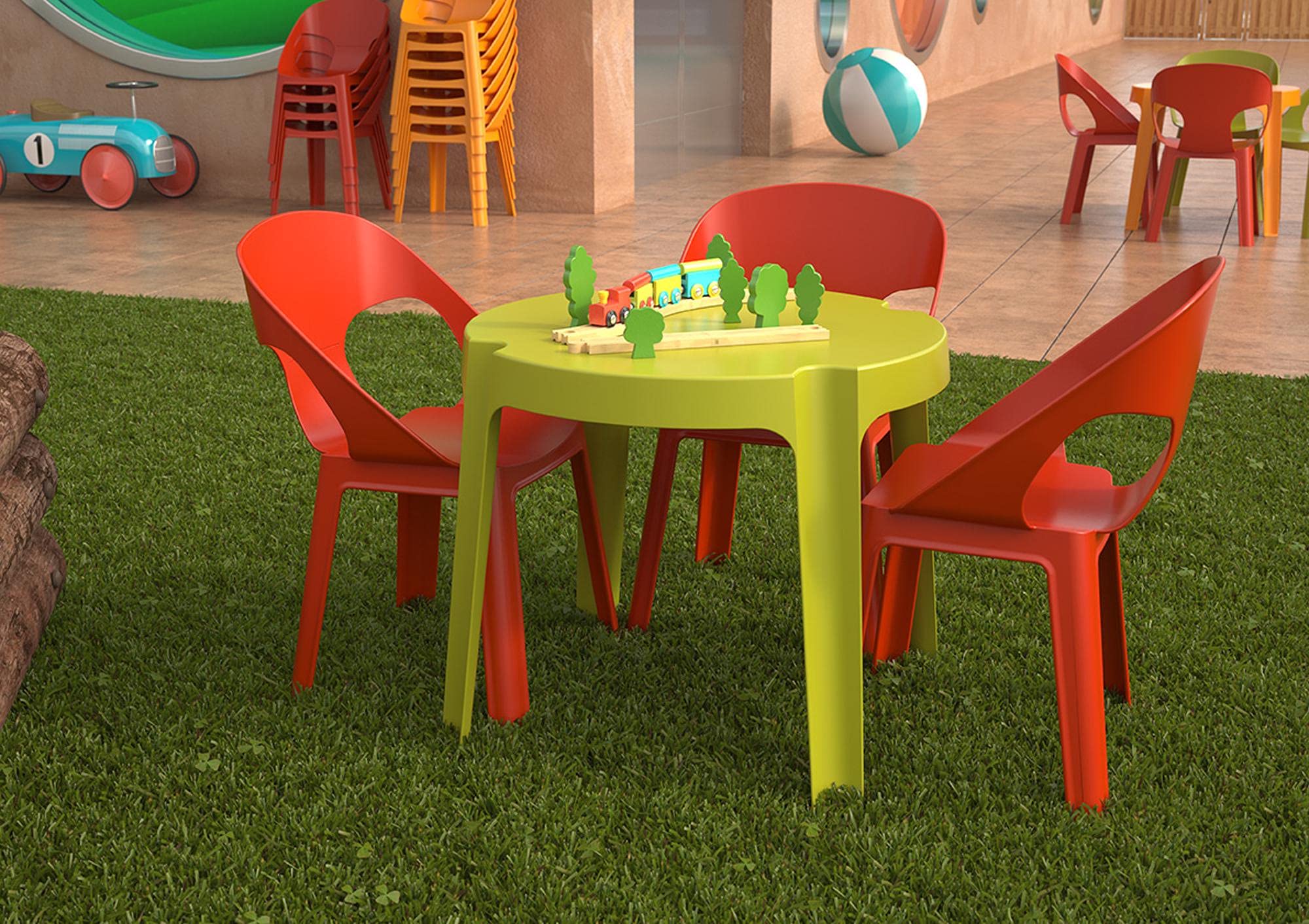 Resol Rita Conjunto Mesa Infantil con Sillas | 4 Sillas Niños y Mesa de Plástico | Apilables y de Muy Fácil Limpieza y Mantenimiento | Set Rita 3 (Mesa Rosa + 4 Sillas Roja/Naranja/Azul/Lima)