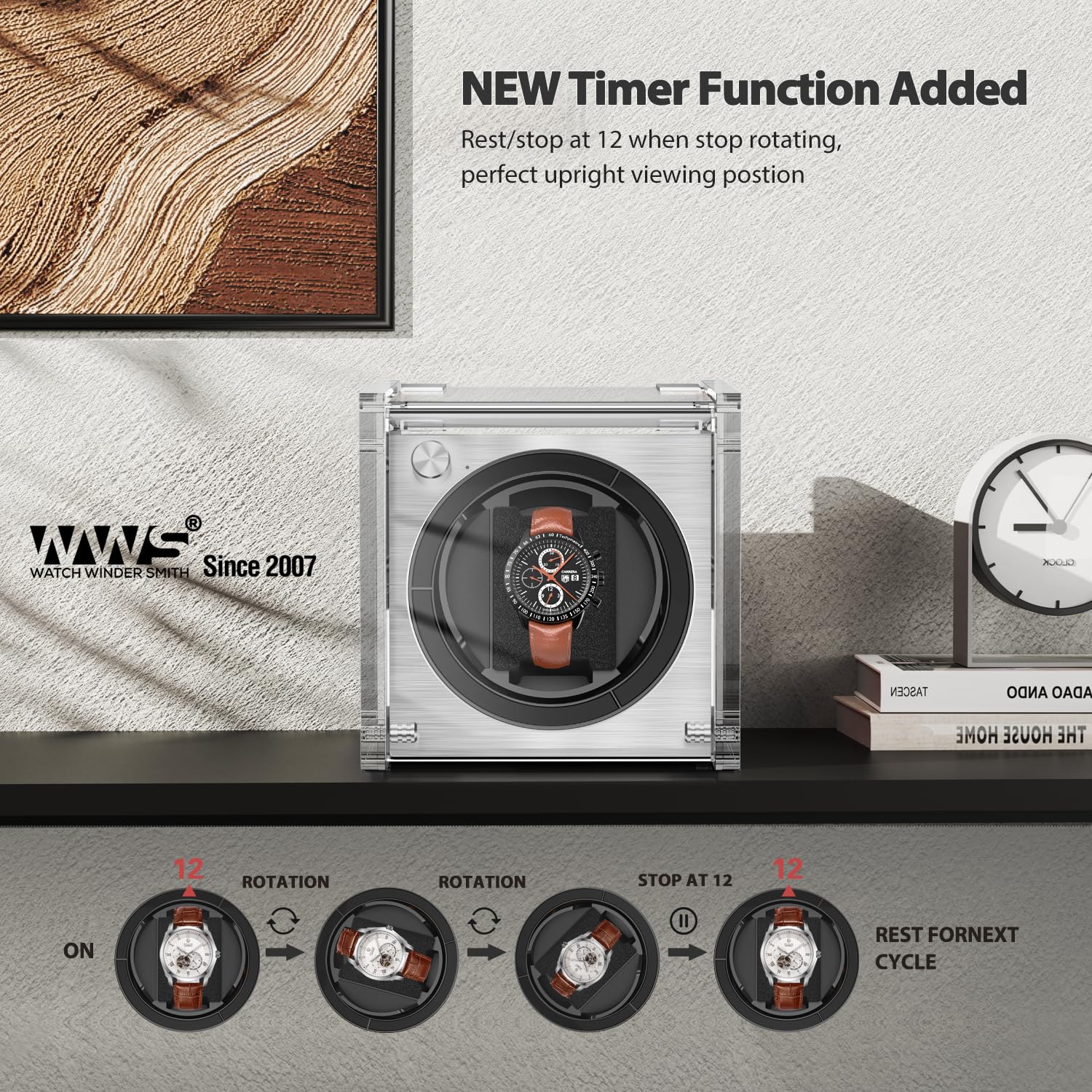 Watch Winder for Single Automatic Watches - Rainbow Watch Winder Box with Quiet Motor 4 Rotation Mode Setting Clear