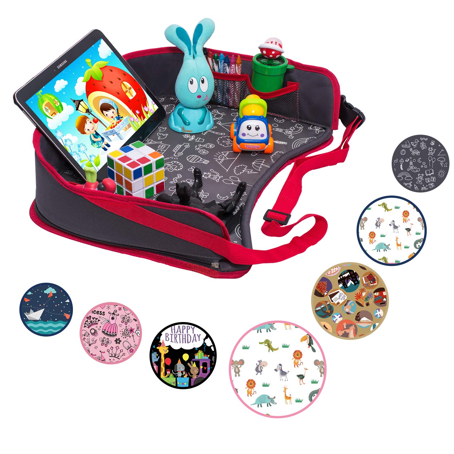 DMoose Kids Travel Tray, Toddler Car Seat Lap Activity Tray with Padded Comfort Base, Side Walls, Mesh Snack Pockets, Tablet Holder, Waterproof Car Seat, Stroller, Airplane Play and Learn Area (Black)