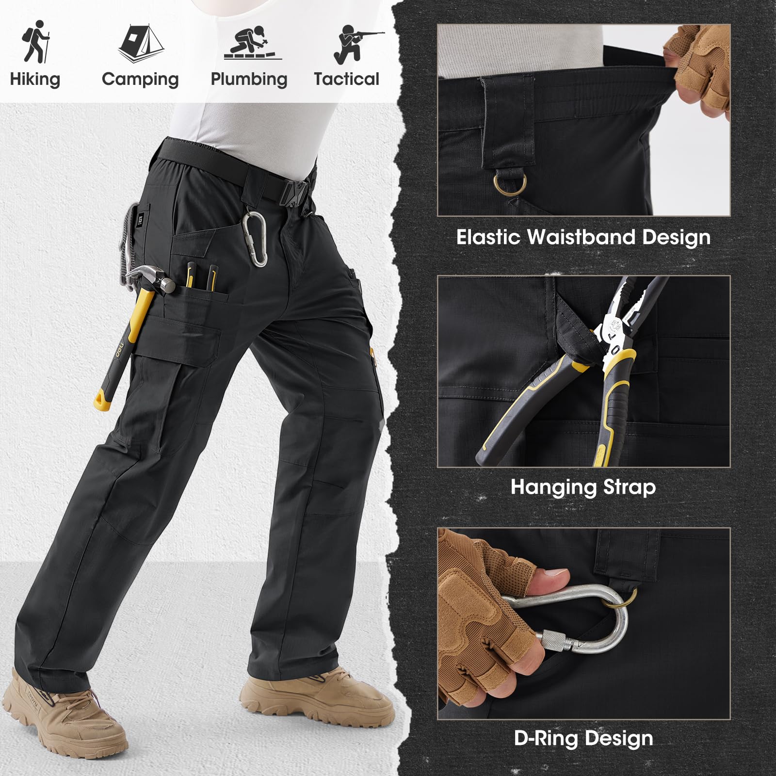 Pantalón de Trabajo Hombre Pantalones Cargo con Tejido elástico Anti-desgarro, Rodillas 3D, Doble Anillo D, Cintura elástica y Cremallera YKK para Construcción, Bricolaje y Outdoor