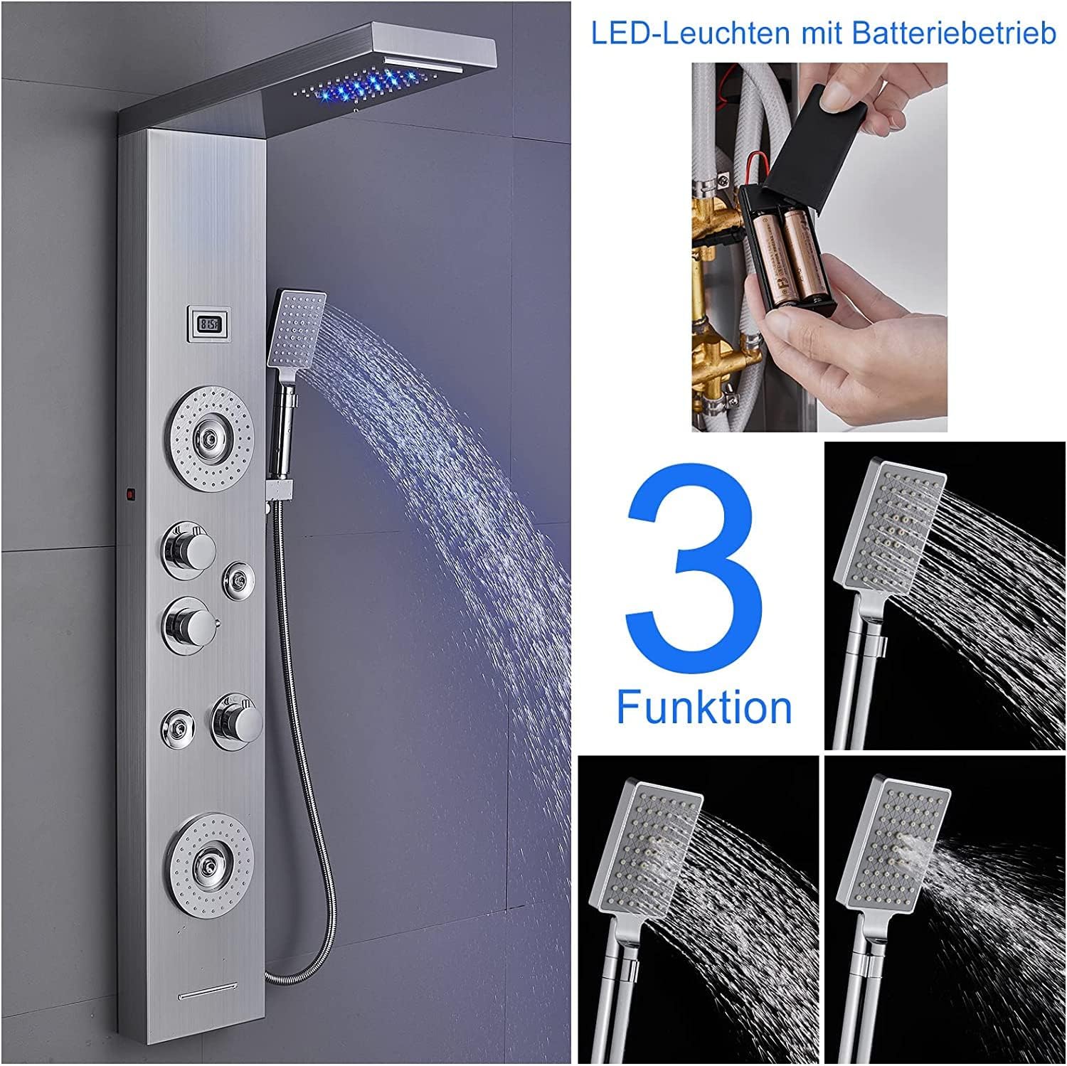 Panel de ducha LED de lluvia cepillado, 5 modos, paneles de ducha de acero inoxidable con chorros de masaje, ducha de lluvia, cascada, bañera, caño para baño, montaje en pared
