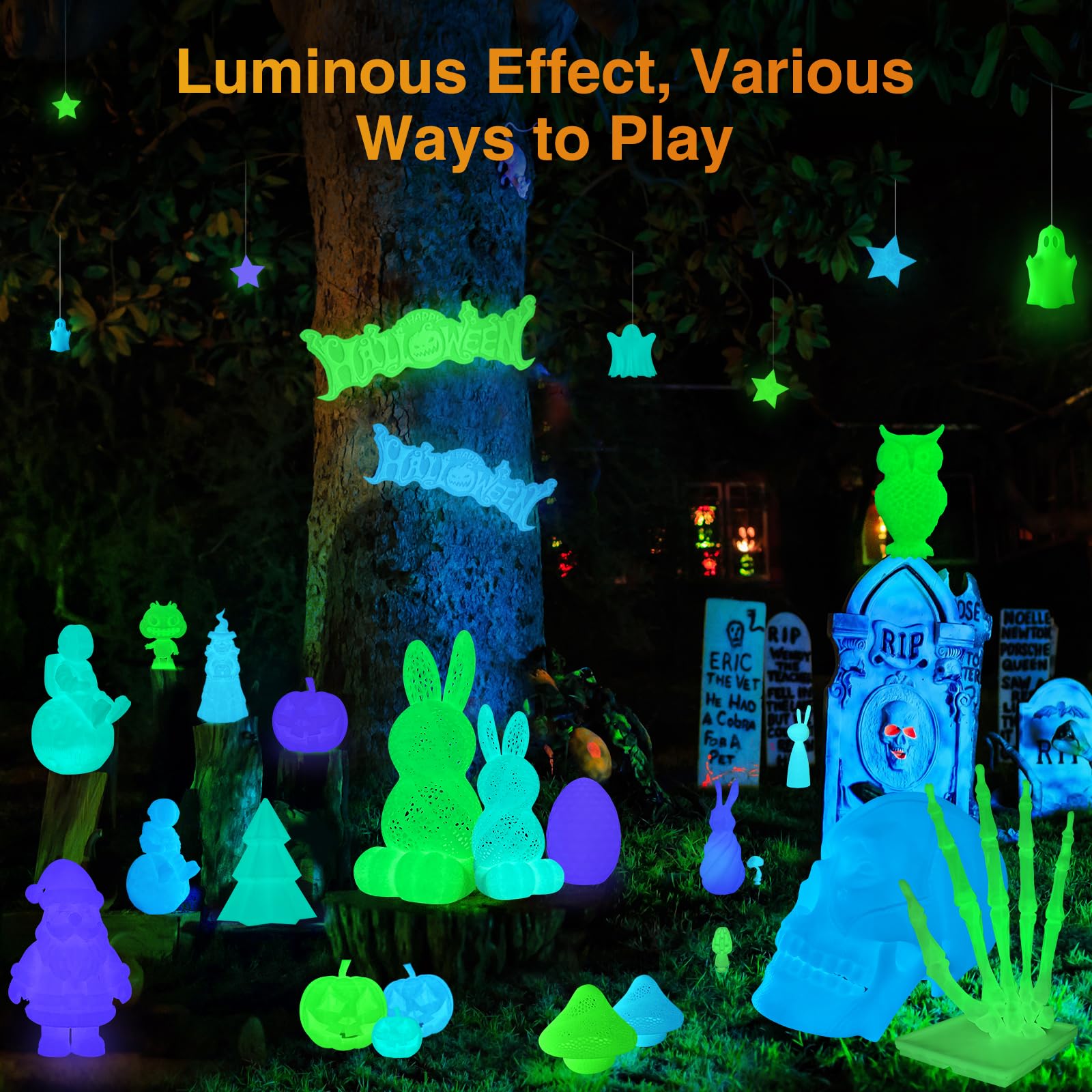 Paquete de 6 filamentos PLA que brillan en la oscuridad, paquete de 6 (250 g por carrete, 1.5 kg en total), filamento fluorescente de luz nocturna (verde, verde azulado, morado, rojo rosa, azul, verde