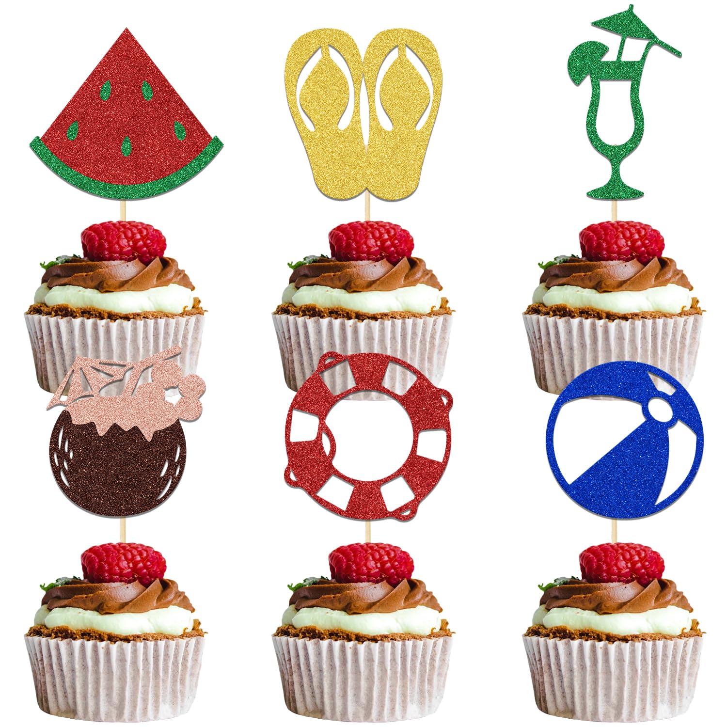 24Pcs Summer Cupcake Topper Beach Cupcake Topper Hawaiian Birthday Bachelorette Party Decoration Red Gold Green Glitter