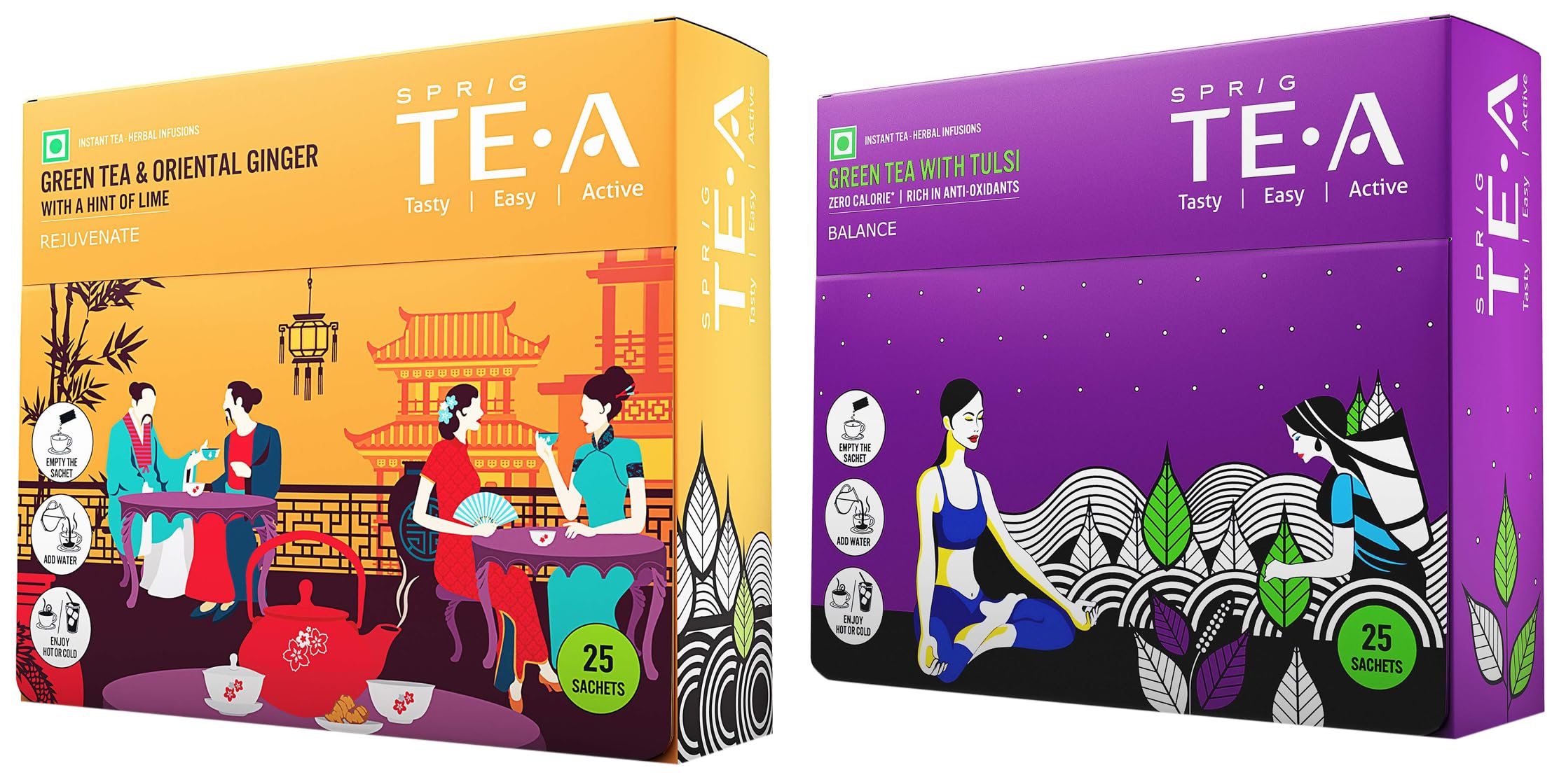 SPRIG TE.A Gtea & Oriental Ginger, 17 g (Pack of 25) + SPRIG TE.A Green Tea & Tulsi, 12 g (Pack of 25)
