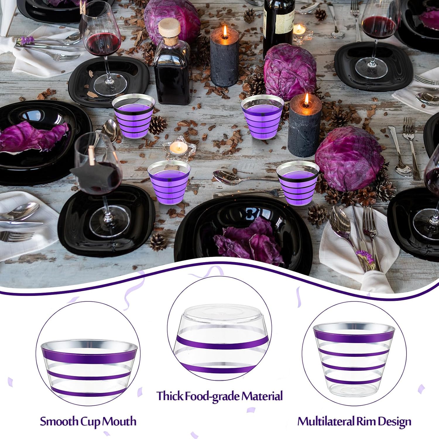 Gejoy 9 oz Black and Purple Rimmed Stripe Plastic Cups Bulk Disposable Wine Hard Plastic Drinking Cocktail Cups Tumblers for Wedding Gathering Party Supplies(black, Purple, 100pcs)