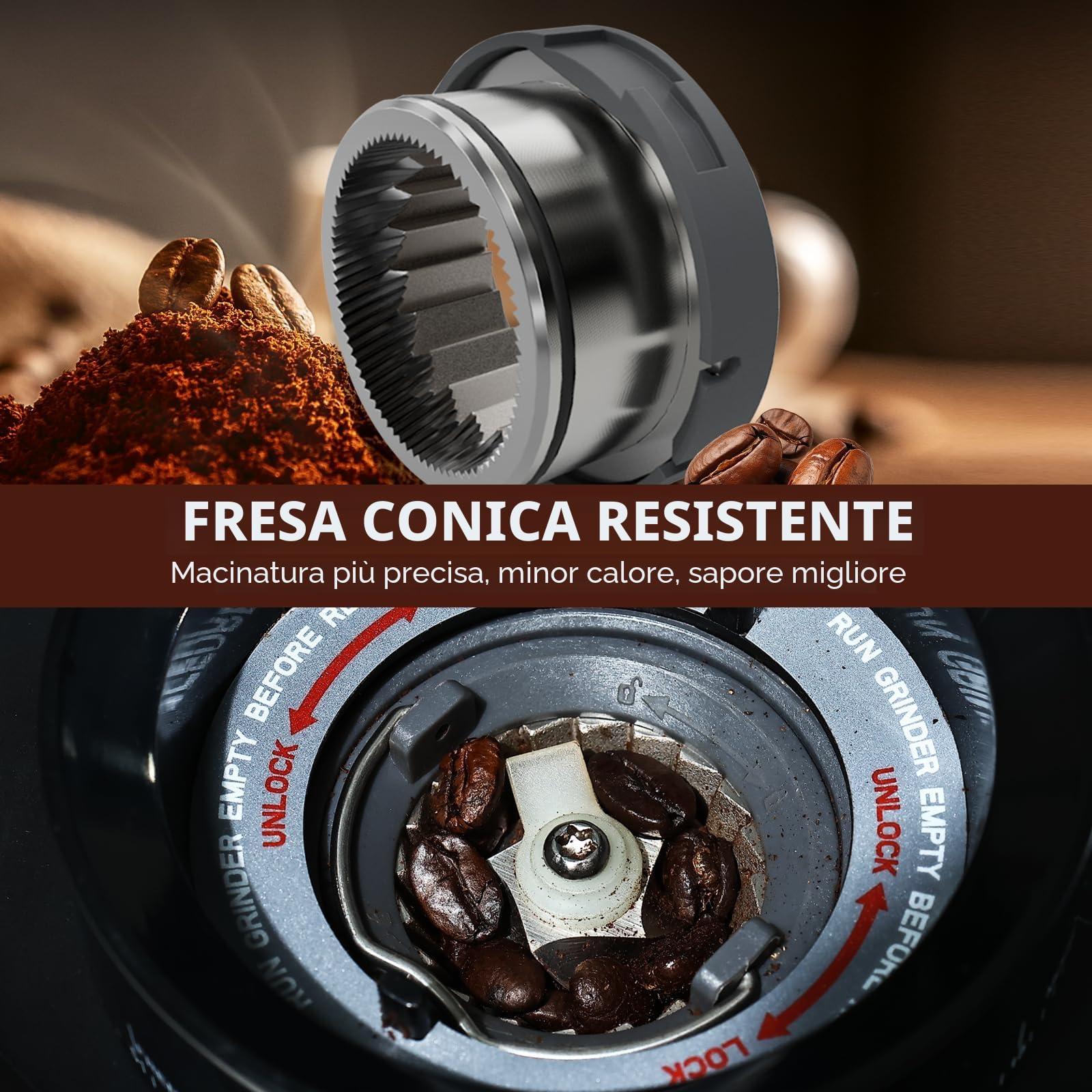 Homtone Macinacaffè Elettrico con 51 Livelli di Macinatura Regolabili, Macine Coniche in Acciaio Inox, Tecnologia Antistatica, per Espresso, Caffè Filtro e French Press, 160W (Argento)