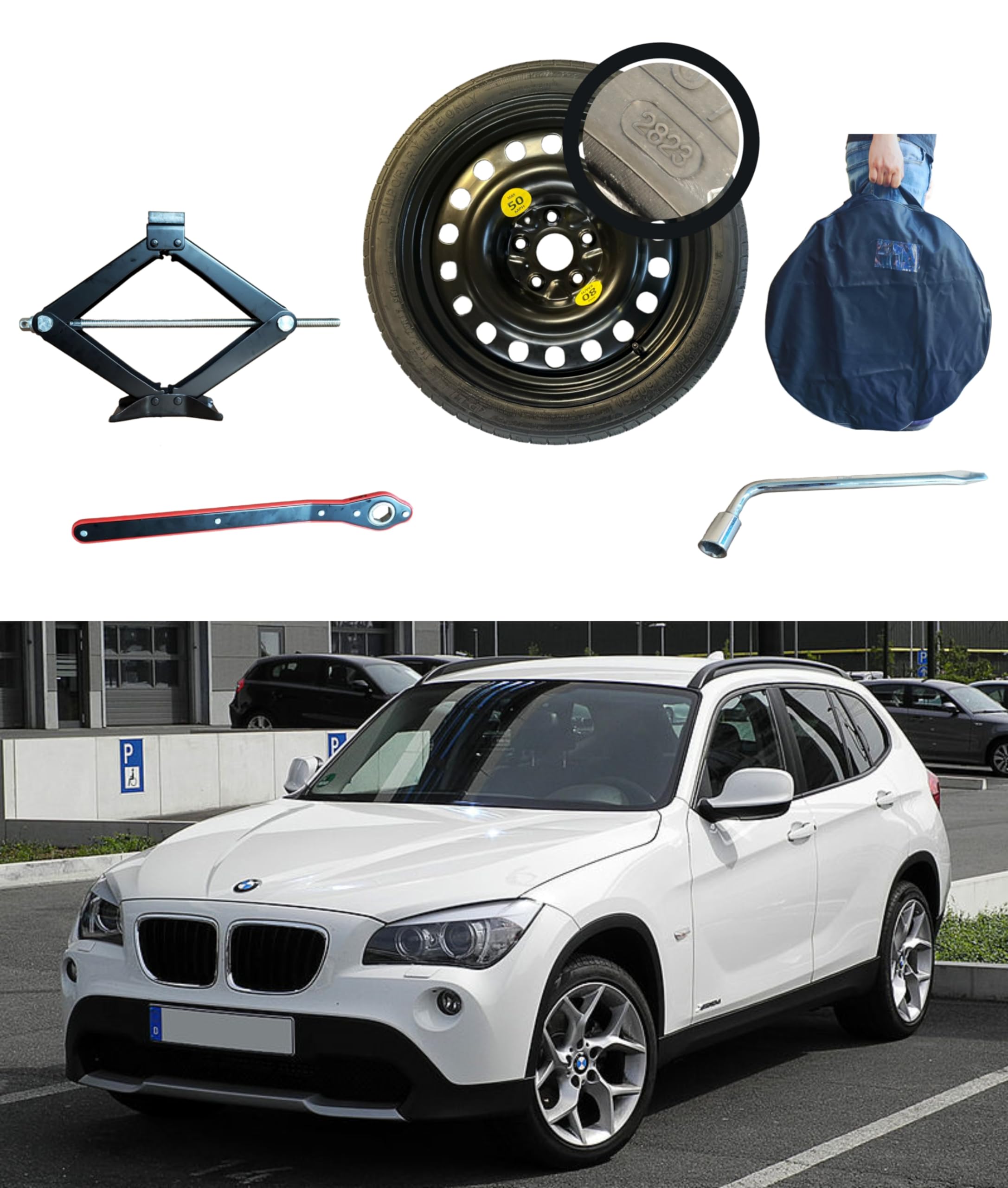 Kit de rueda de repuesto de 17 pulgadas, compatible con BMW X1 E84 con gato, llave y bolsa (2010-2014) 135/80R17