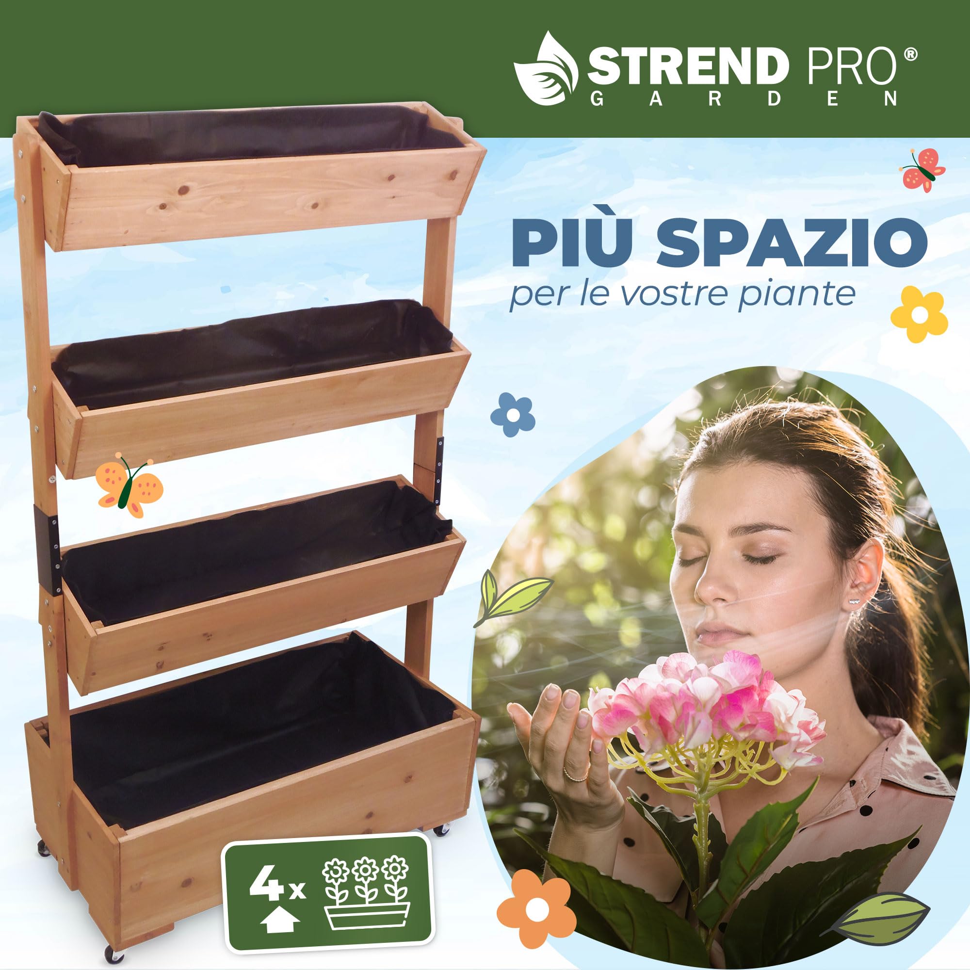 STREND PRO Balcone aiuola rialzata a 4 livelli LEGNO | 147x85x45 cm (AxLxP) | Aiuola verticale resistente alle intemperie Scala per piante da esterno | Aiuola per balcone per fiori, erbe aromatiche