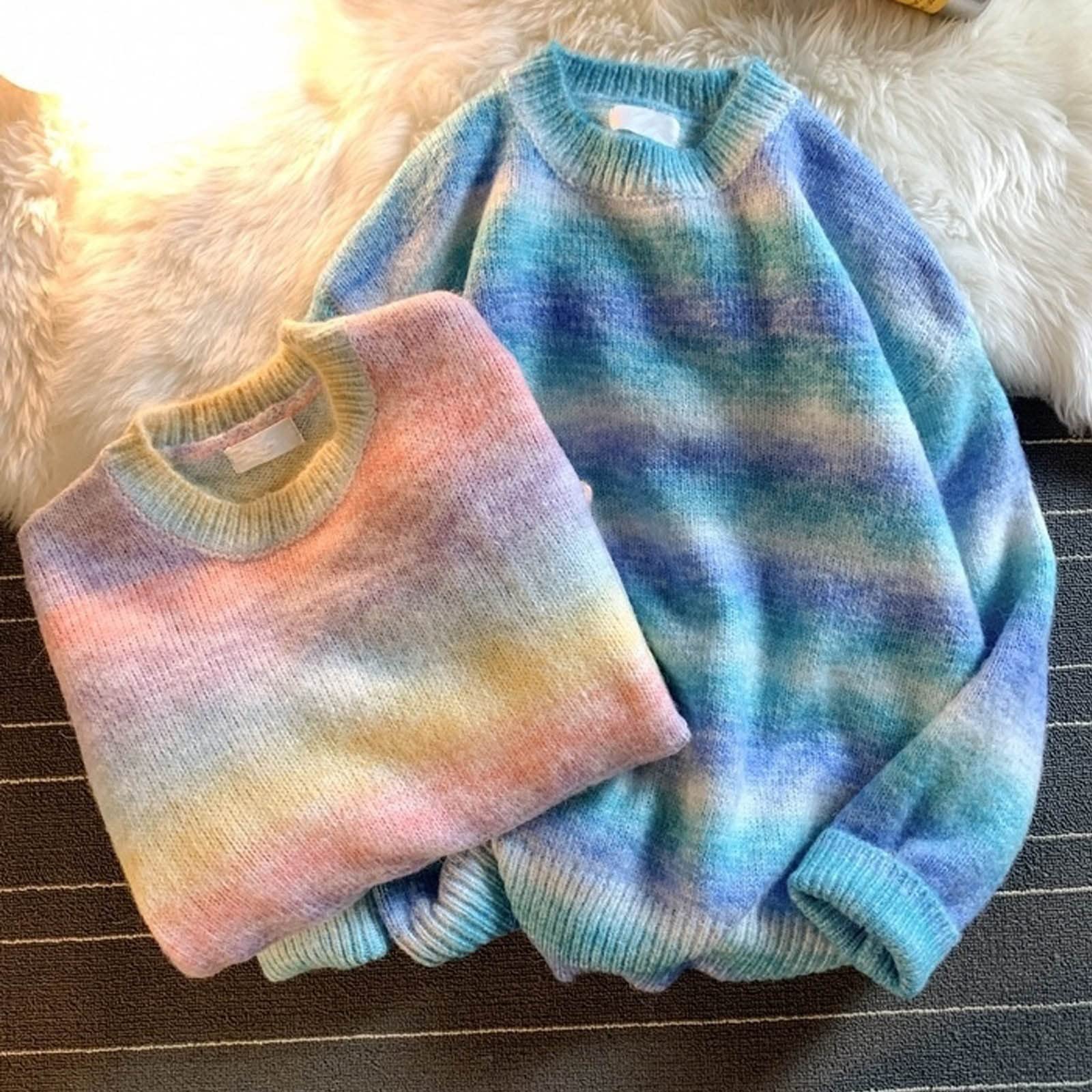 Tęczowy sweter w paski odzież damska Harajuku moda damskie swetry swetry retro ubrania 2XL jesień zima nowy (kolor: Niebieski, rozmiar: M)