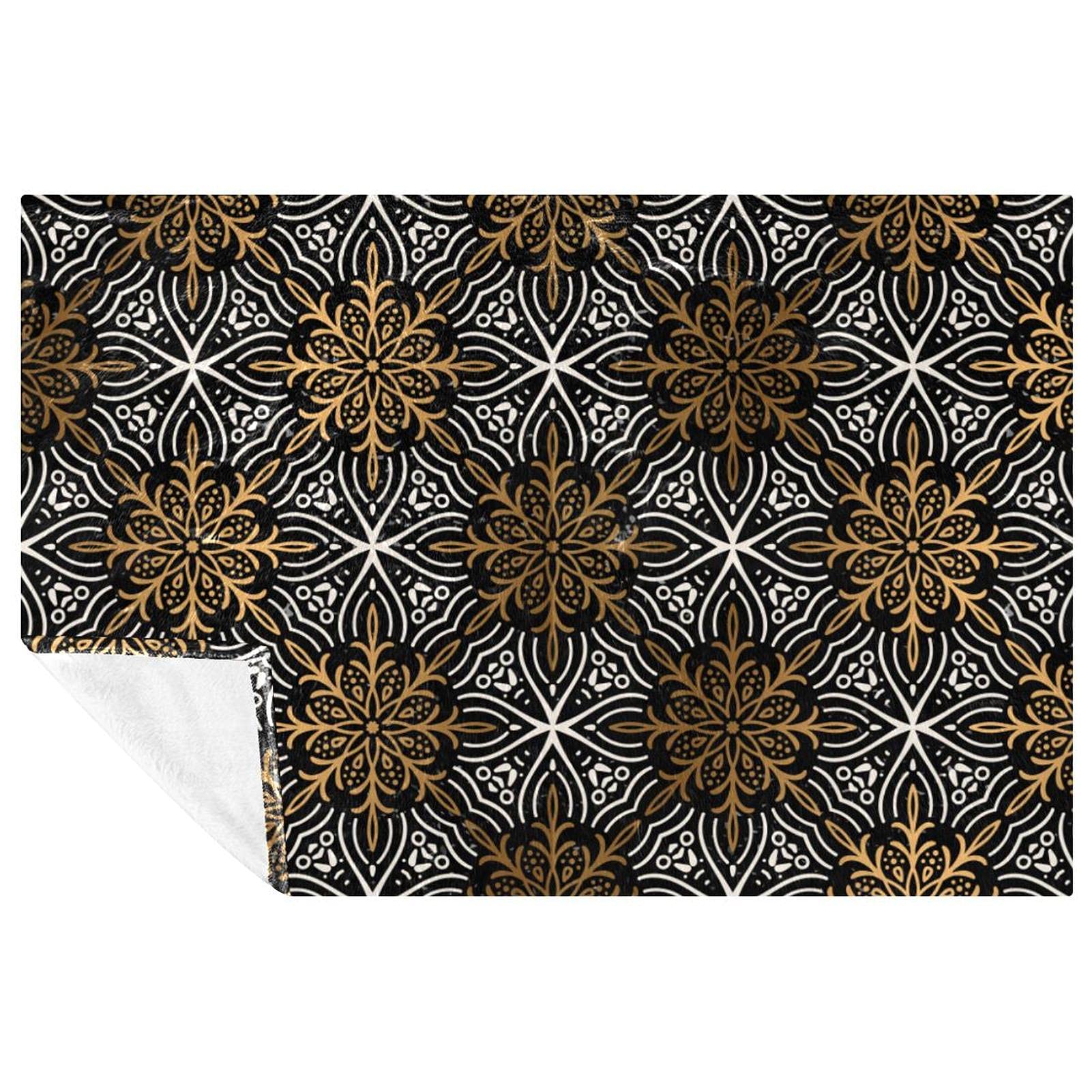 Couverture douce mandala floral or et argent, plaid de lit de qualité