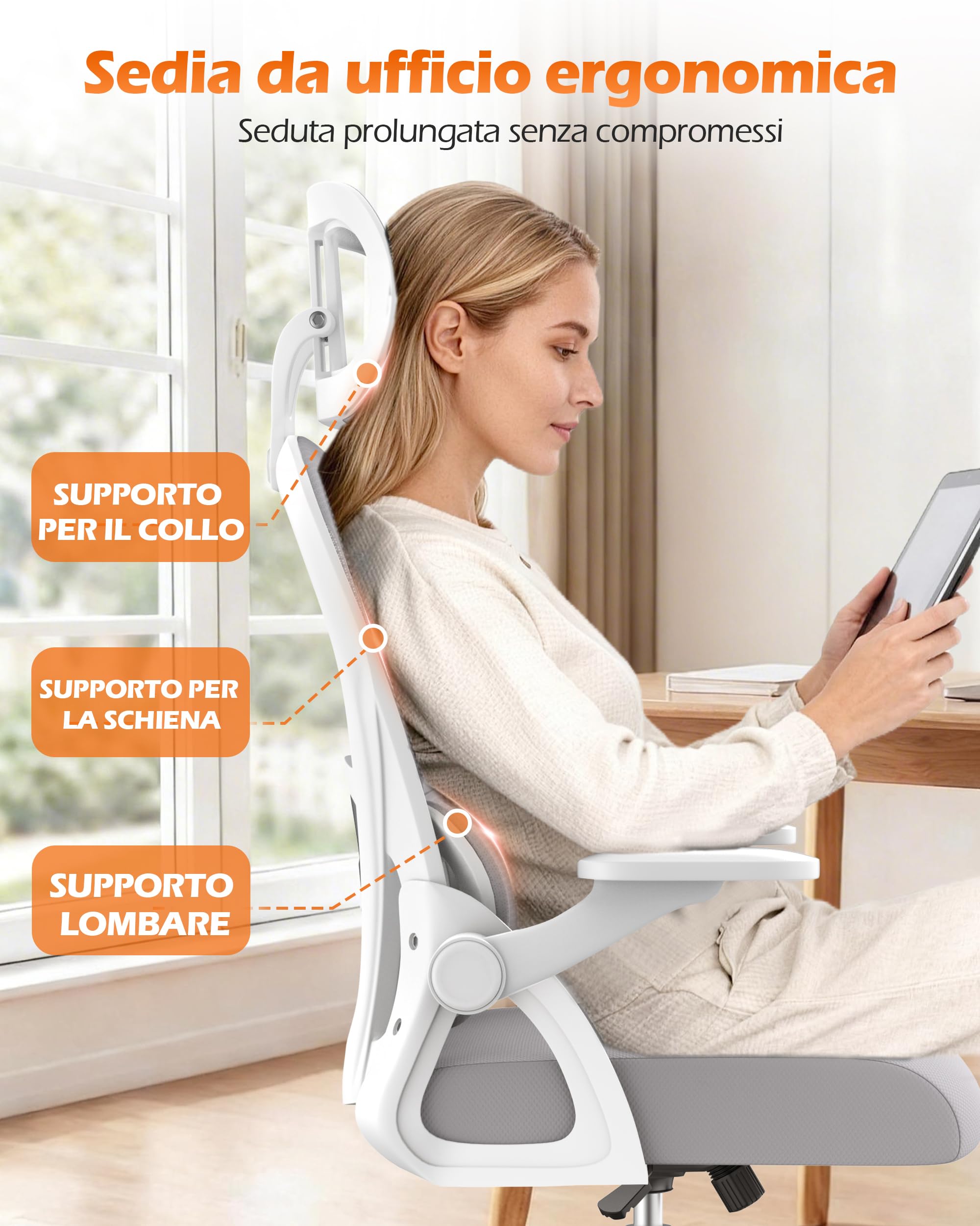 naspaluro Sedia da Ufficio Ergonomica, Sedia da Scrivania Ergonomica, Sedia Girevole per Ufficio, Schienale in Rete, 136 kg, Supporto Lombare Regolabile, Ruote Silenziose per Casa e Lavoro
