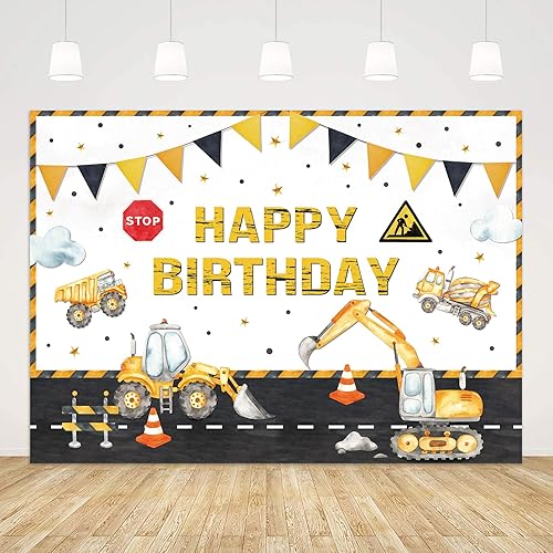 Telón de fondo de construcción de feliz cumpleaños de 7 pulgadas de ancho x 5 pies de alto, carros de dibujos animados, camión volquete, excavadora,