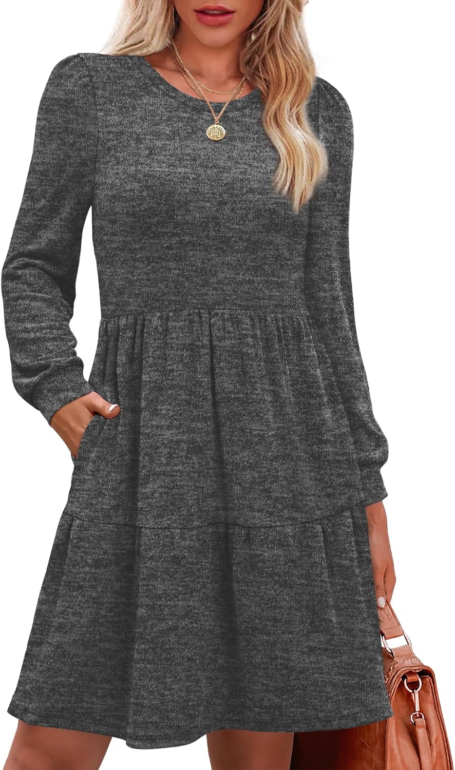 OFEEFAN Womens Long Sleeve Fall Dresses with Pockets Crew Neck Babydoll Casual Winter Dress 2025