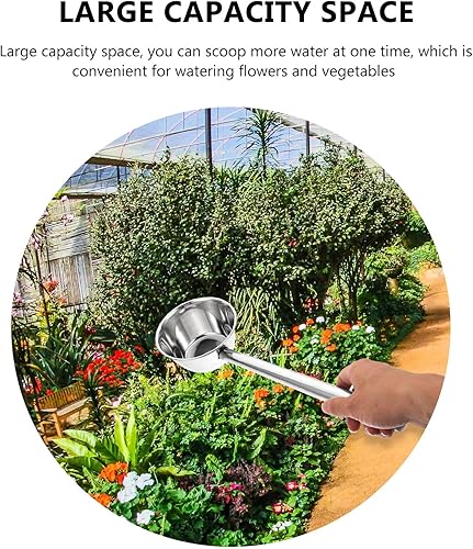 Miniatura 6 de Yardwe Cucharón de agua de acero inoxidable de mango largo, cuchara alargada de 18.3 pulgadas para regar flores, verduras y uso en la cocina, gran