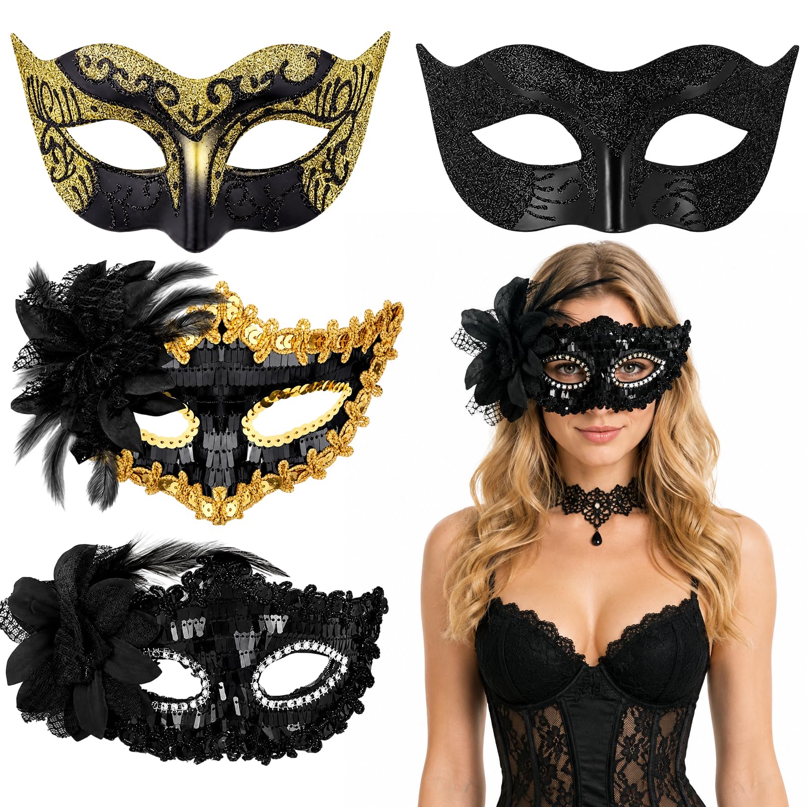 4PCS Couples Masquerade Mask Set, Glitter Masks with Feather Flower