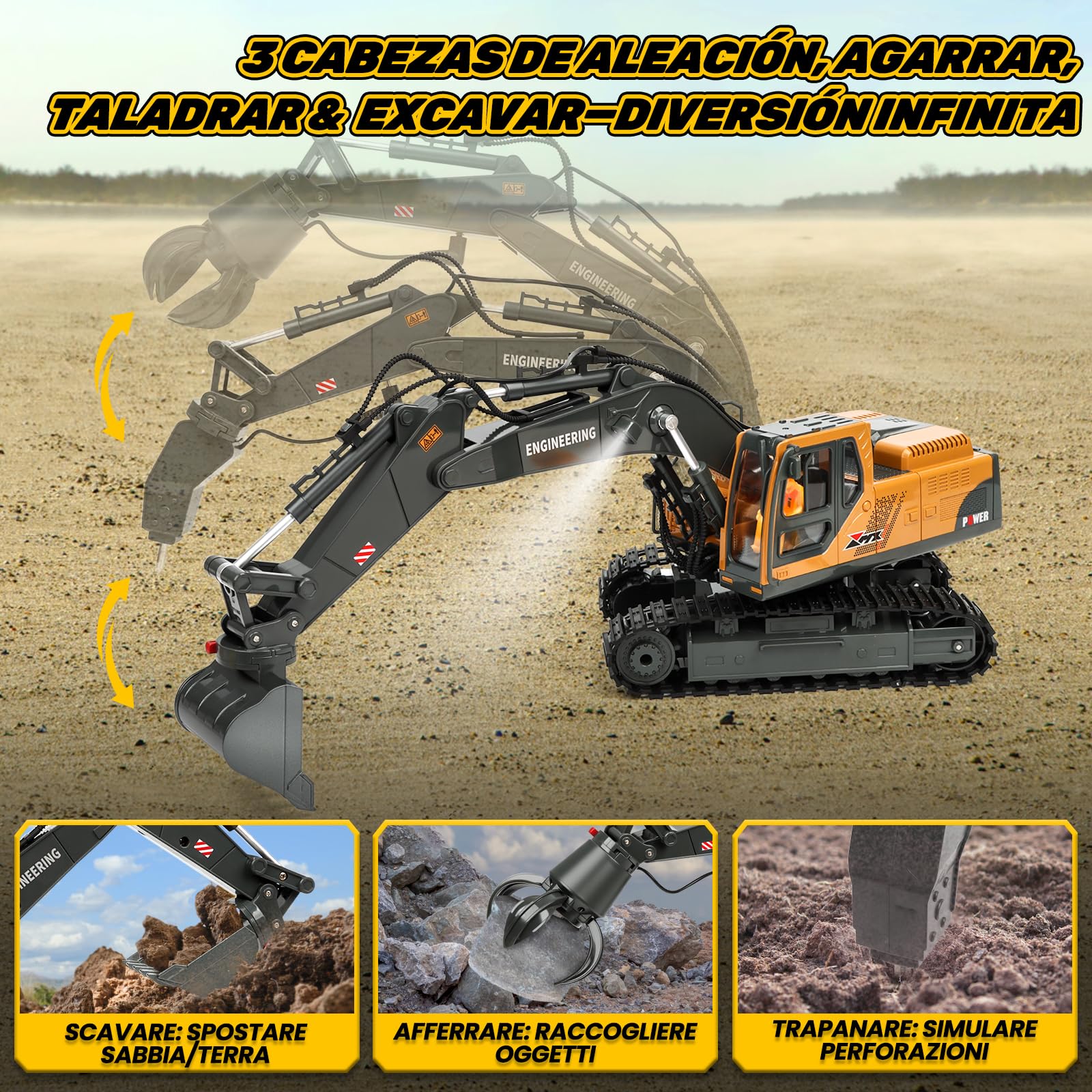 Charmofun Escavatore Radiocomandato 3-in-1, Giocattolo RC con 3 Teste in Metallo, Cabina Rotante 680° con Luci e Musica, Regalo per Bambini 3-12 Anni