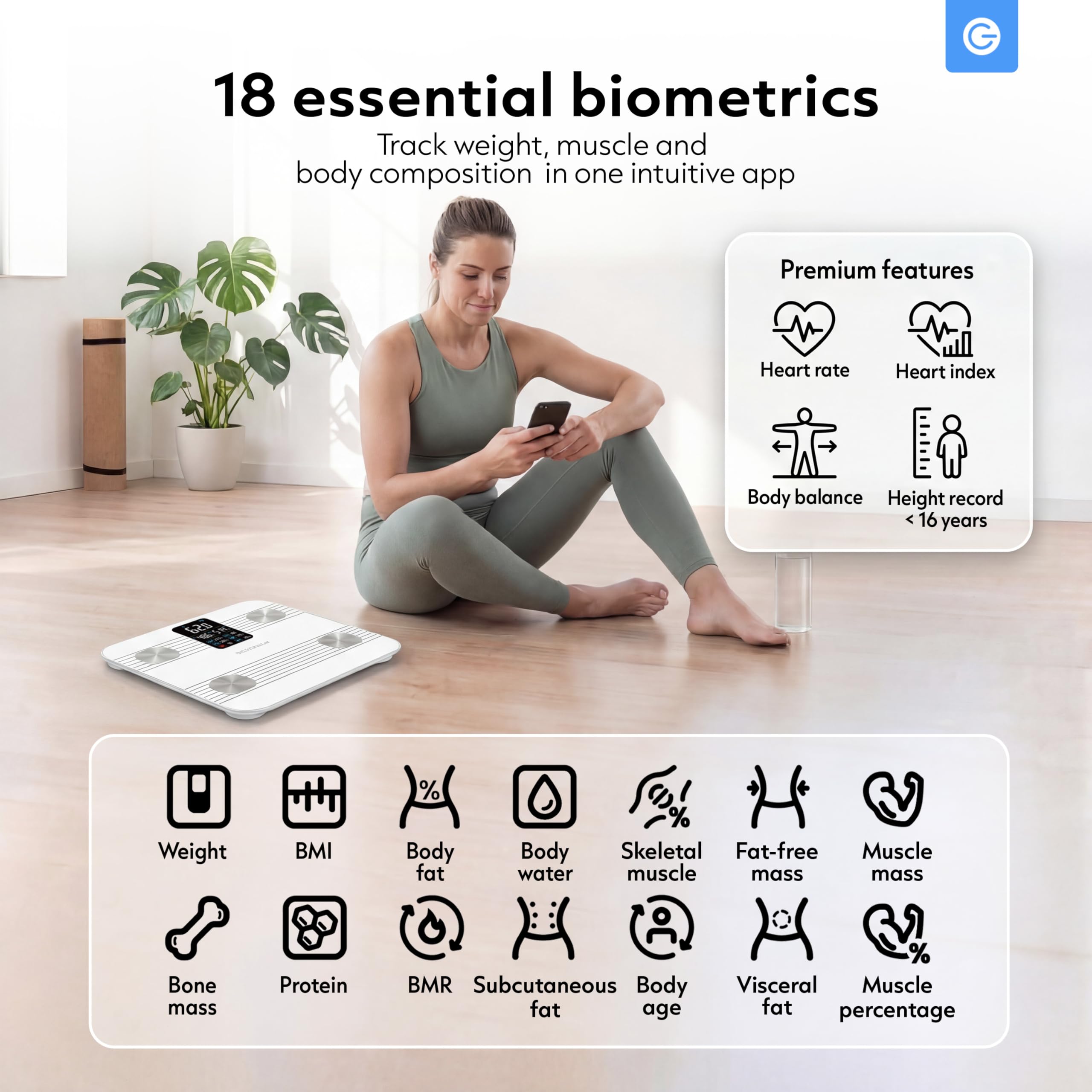 Silvergear® Báscula de Grasa Corporal | Báscula de Análisis Corporal con Bluetooth y App| Mide Grasa Corporal, IMC, Masa Muscular, Agua, Proteínas, Peso Óseo, BMR y Frecuencia Cardíaca | Blanco