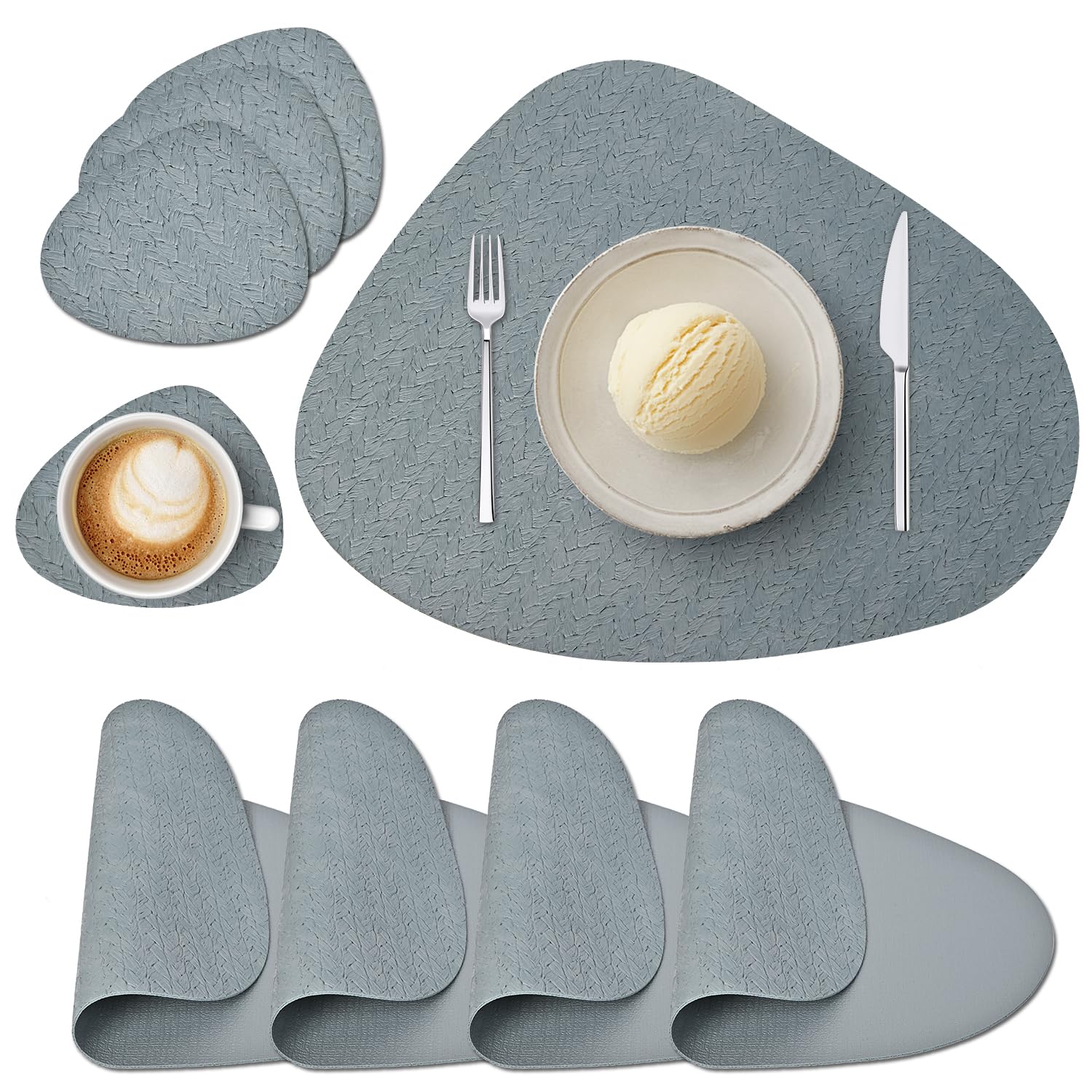 Tischsets Abwaschbar und Untersetzer, Platzset Leder Rund rutschfest Platzdeckchen wasserdicht Hitzebeständig Doppelseitigen Platzset Lederoptik (4er Set, Blau)