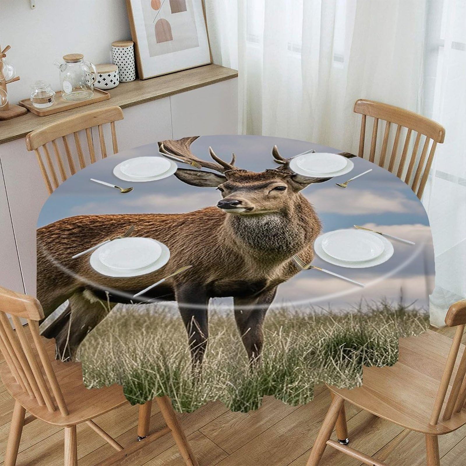 FekiLoot 60 Inch Round Elk Tablecloth Waterproof Heavy Duty Polyester Table Cloth Spill-Proof Wipeable Table Cover Decorative Circle Dining Tablecover for Party Outdoor