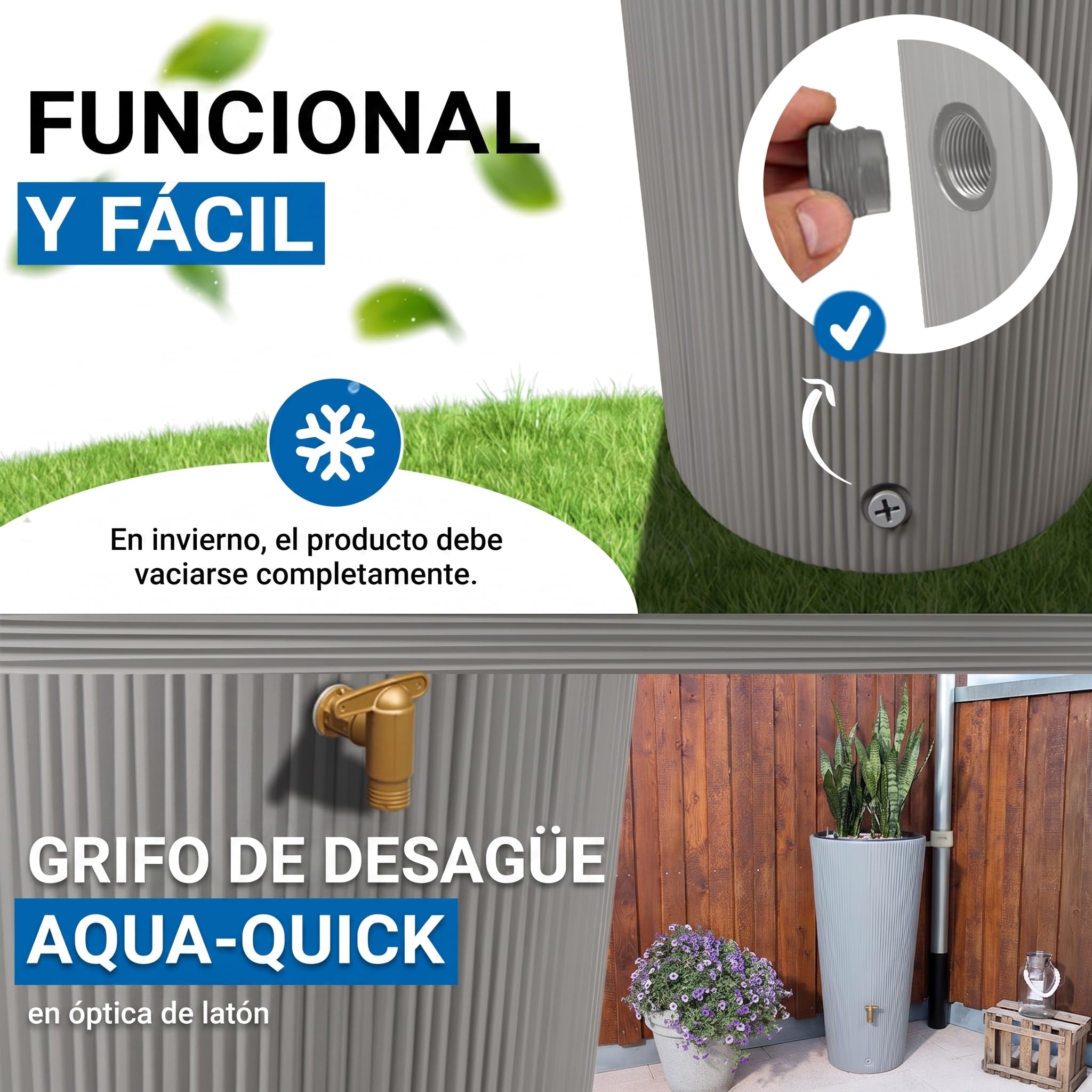 4rain Vaso 2en1 Decor depósito de Agua de Lluvia 220 L Gris Zinc Incl. Grifo de plástico y conexión al bajante | Incluye grifo de plástico y conector de bajada, forma delgada para el jardín, barril de lluvia vegetal