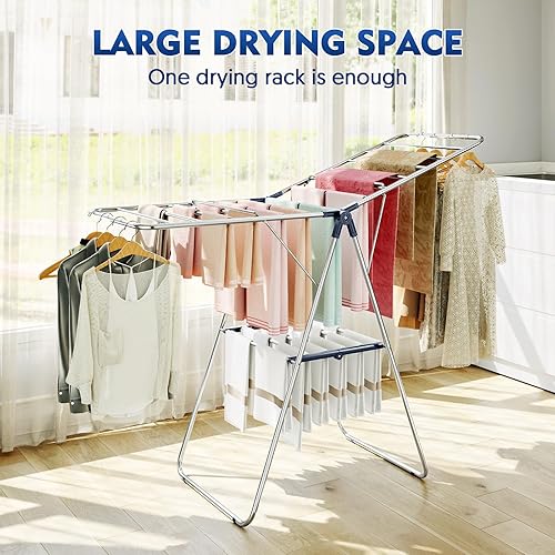Miniatura 6 de APEXCHASER Tendedero de secado de ropa de acero inoxidable con altura ajustable, plegable, para uso en interiores y exteriores, sin montaje