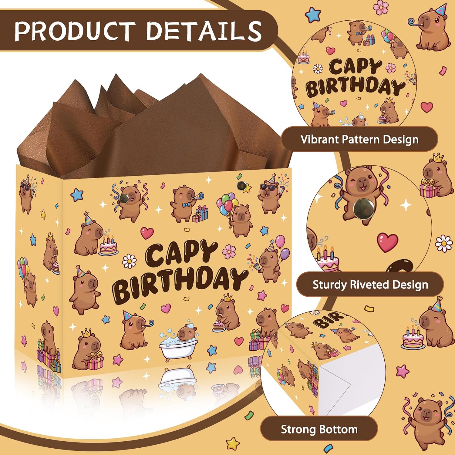 Capybara Happy Birthday Gift Bag - 13" Large Brown Cute Capybara Wrapping Paper Bags with Tissue Paper Greeting Card Envelope, Animal Themed Birthday Party Decorations for Kids Girls Boys Party Supplies image 4