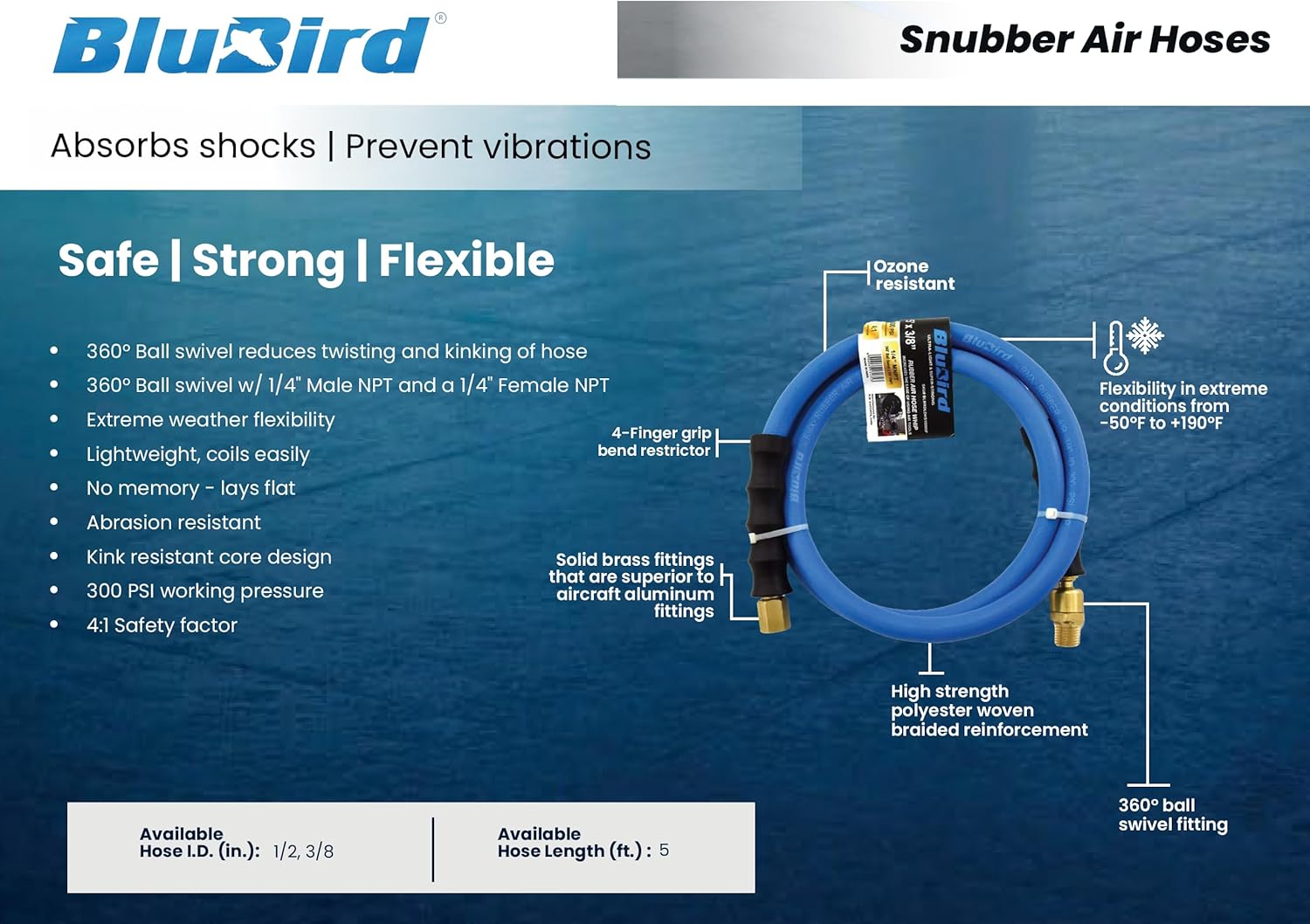 BLUBIRD BBSR1205 1/2" x 5' Rubber Air Snubber Hose, 100% Rubber, Lightest, Strongest, Most Flexible, 300 PSI, 50F to 190F Degrees, Ozone Resistant, High Strength Polyester Braided