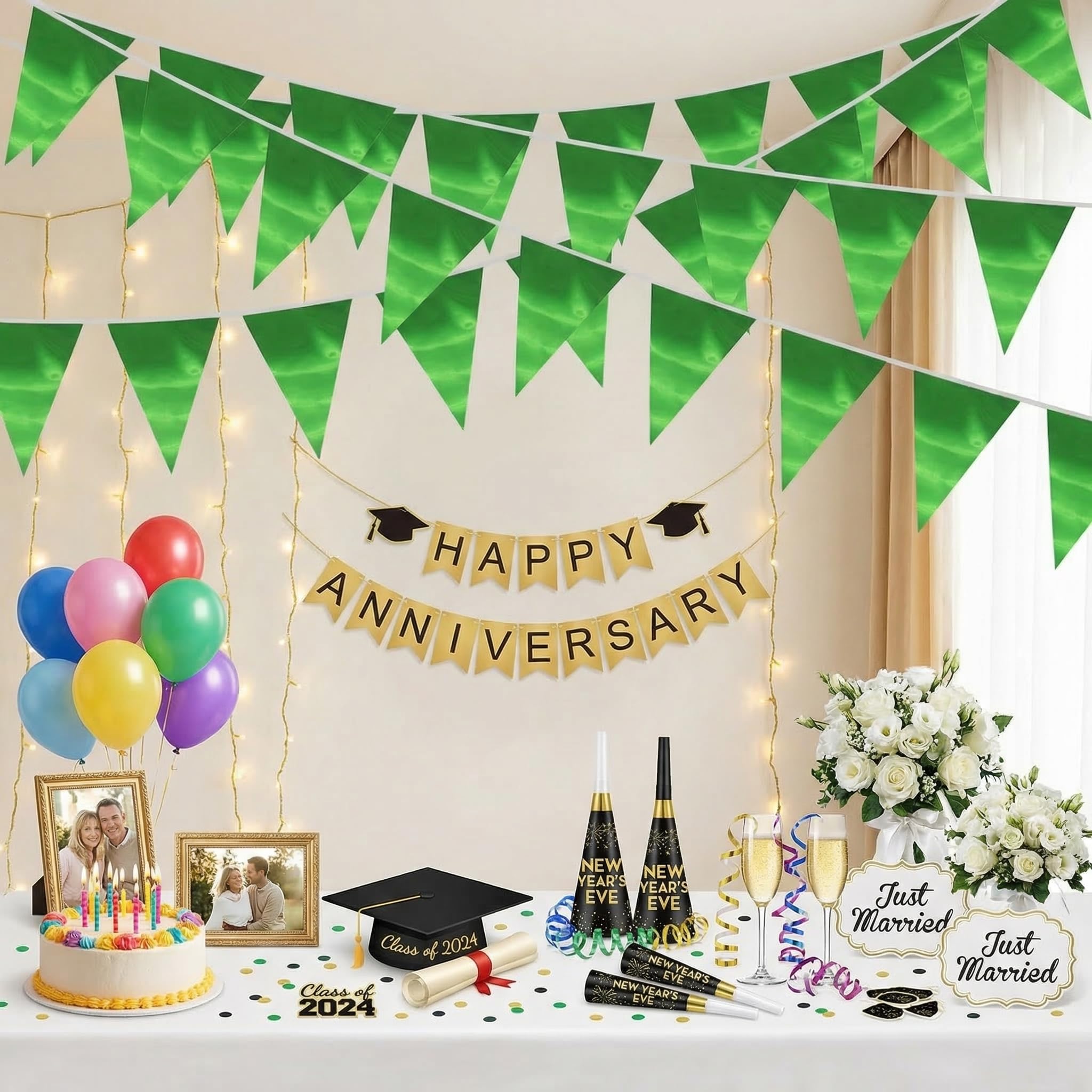 Banderín triangular verde de 20 m con banderines de tela metálica para Navidad, graduación, safari, cumpleaños, selvas tropicales, boda, despedida de soltera, compromiso, fiesta, suministros de