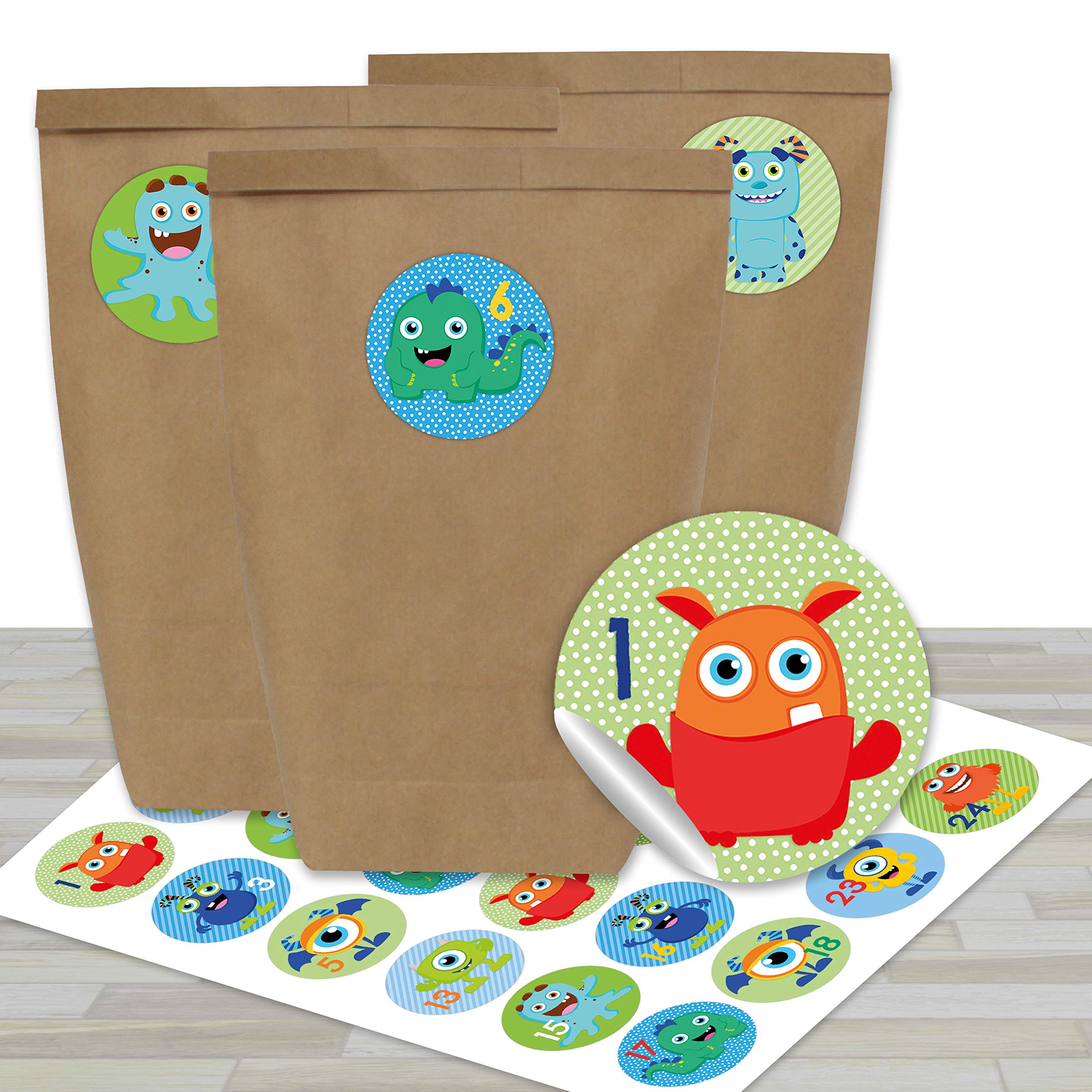 Calendario de Adviento DIY para rellenar - con 24 bolsas de papel marrón y 24 pegatinas rojo-verde - para bricolaje y manualidades - Mini Set Nr 17 - Navidad 2021 para niños — view 6