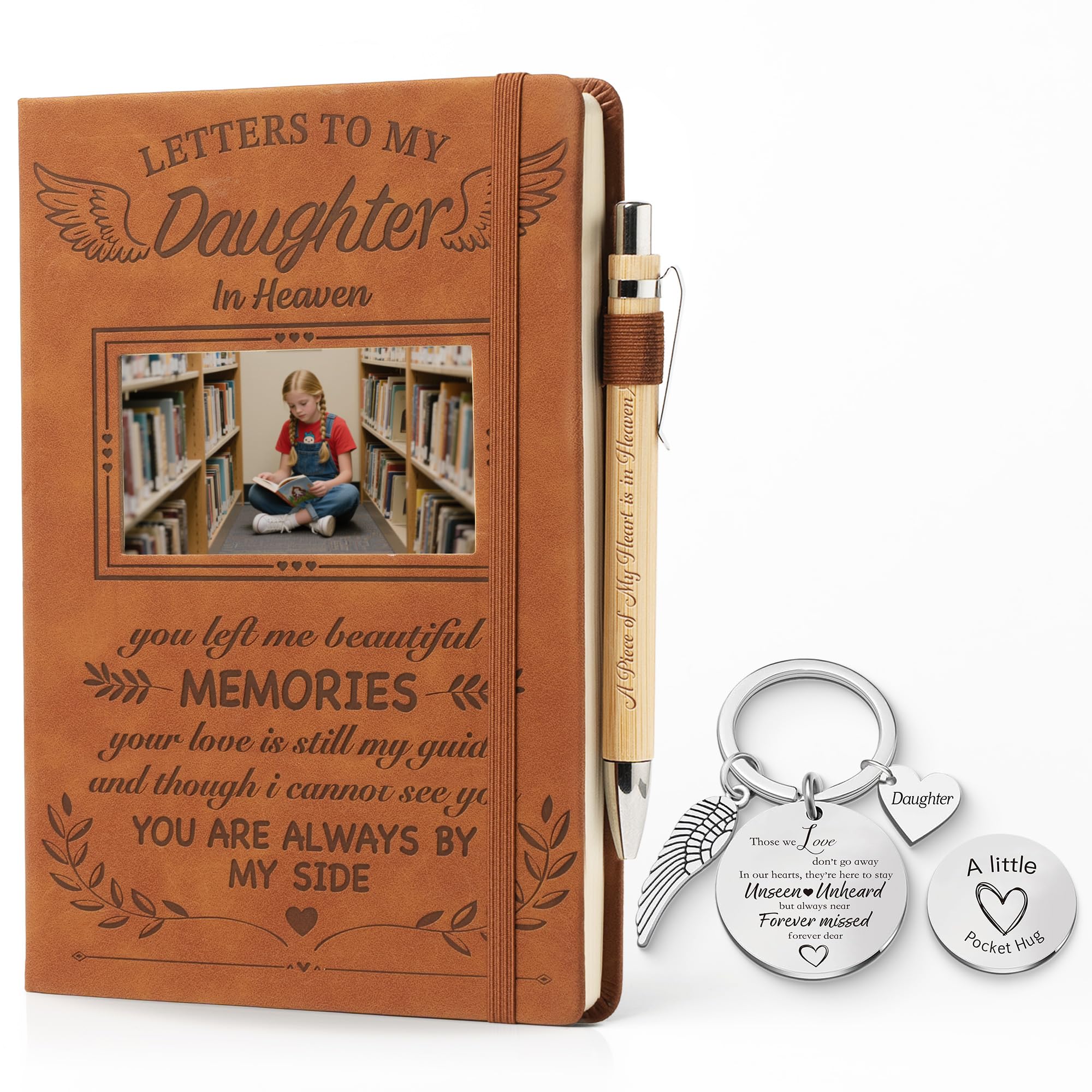 EliteSign Letter to My Daughter in Heaven Leather Grief Journal Sympathy Gifts for The Loss Of Daughter, A5 Notebook and Angel Keychain, Memorial