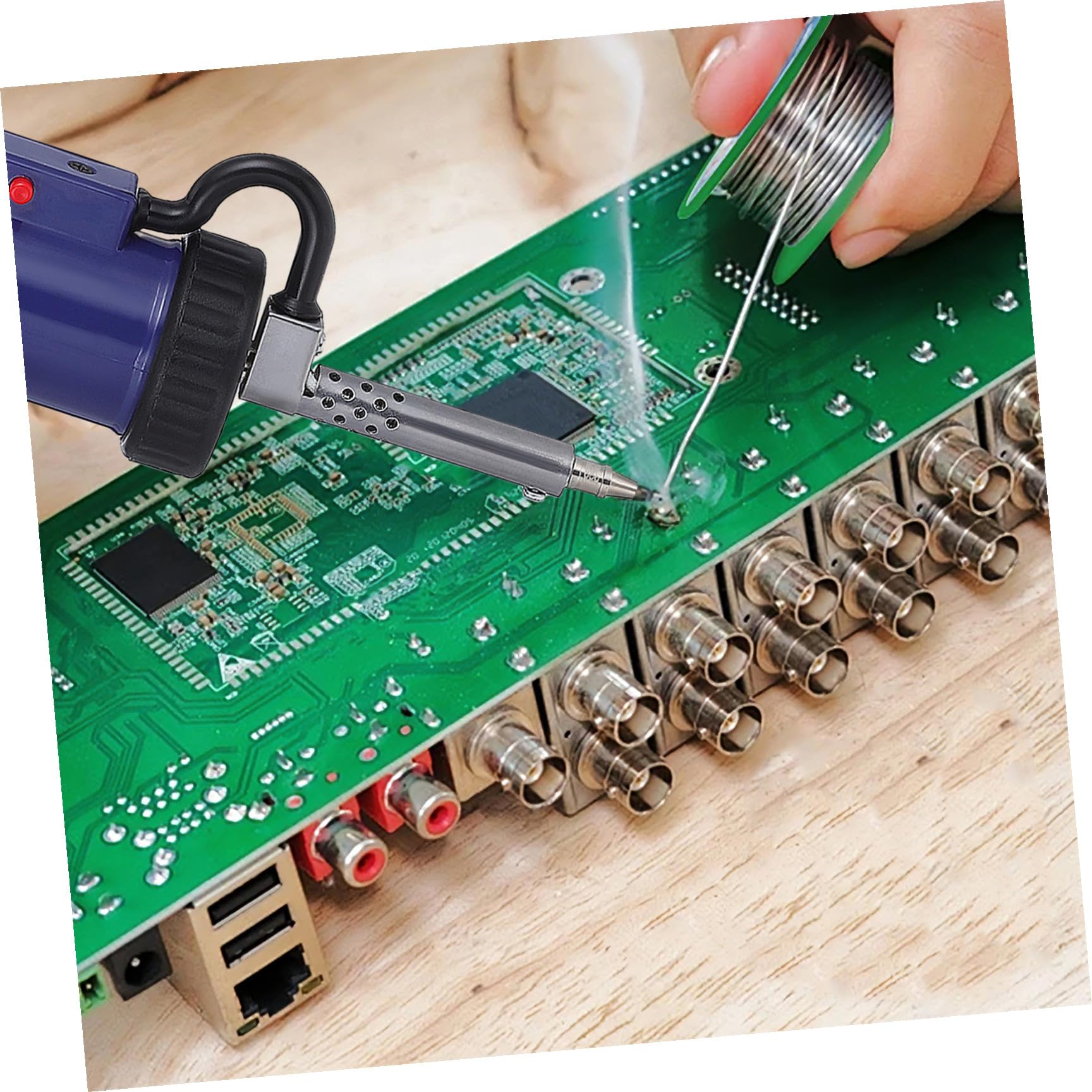 Bomba Desoldadora Eléctrica Portátil para Mantenimiento de Electrodomésticos con Ventosa Azul, Simple y Accesorios con Boquillas Reemplazables de Acero Inoxidable
