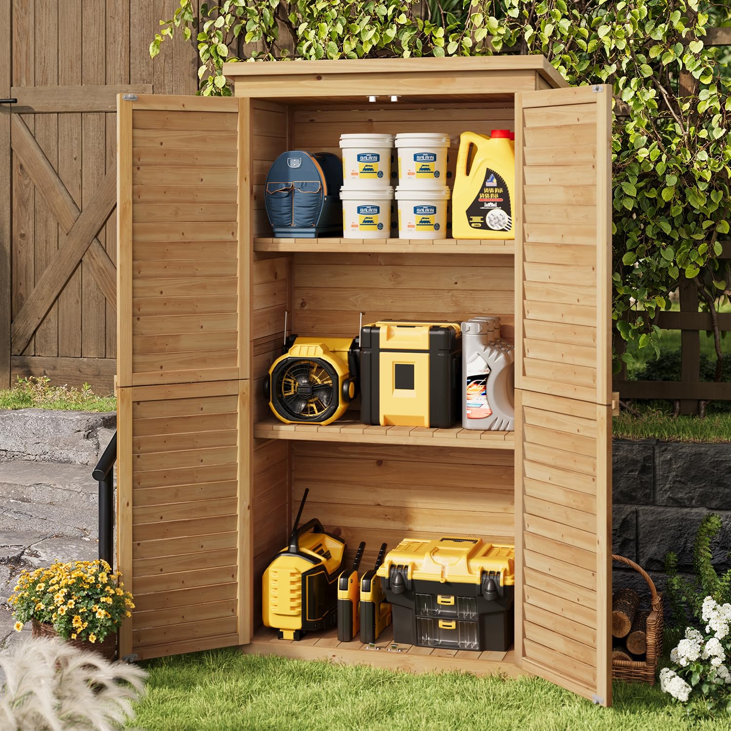 Armadio da Giardino in Legno 160 cm, Resistente agli Agenti Atmosferici con Tetto Inclinato e Dispositivo Bloccabile, Armadio per Attrezzi Esterno 87x46.5x160.5 cm Naturale