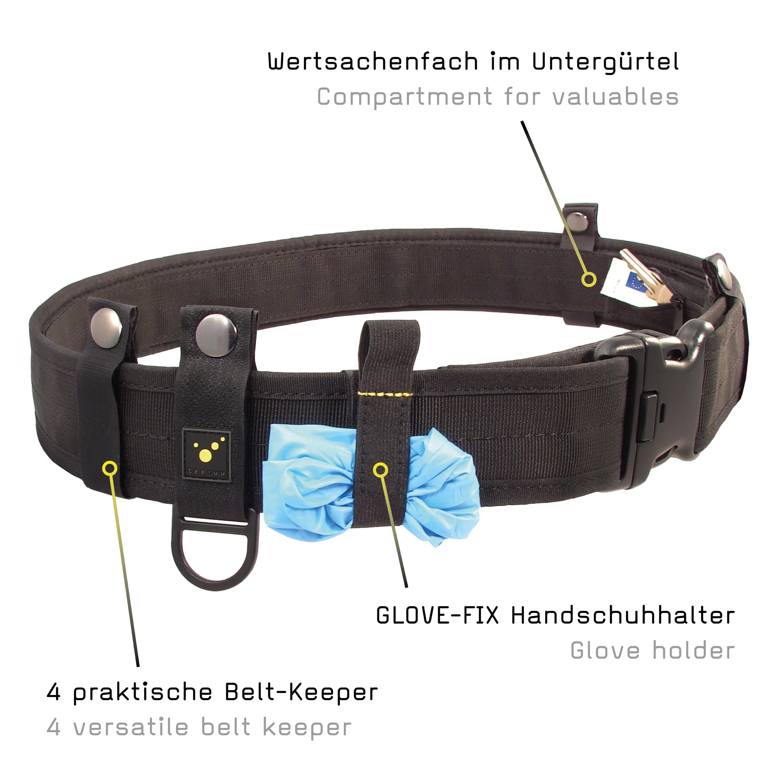 tee-uu Juego completo de cinturón de seguridad (S-XXL), color negro, incluye cinturón interior y juego de Belt Keeper, XXL (contorno de cadera 130 – 150 cm)