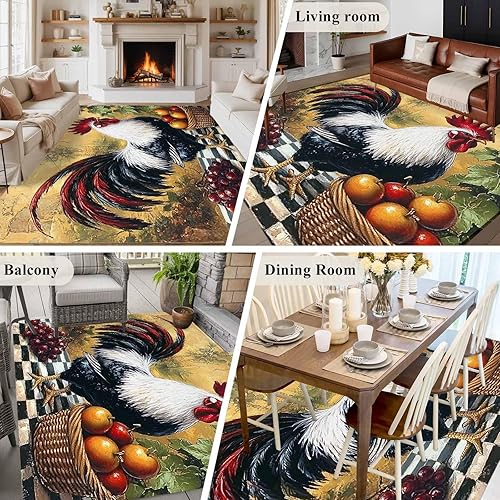 Miniatura 6 de 8x10 Area Rugs, Black White Retro Rooster Non-Skid Rubber Backing Large Rectangle Rugs - Living Room Bedroom Home Office, Farmhouse Animals