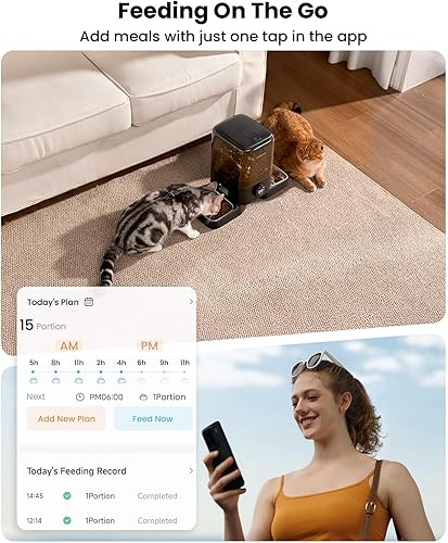 Miniatura 2 de oneisall Alimentador automático inalámbrico WiFi para gatos para 2 gatos, alimentador automático recargable de 100 días con pilas, dispensador
