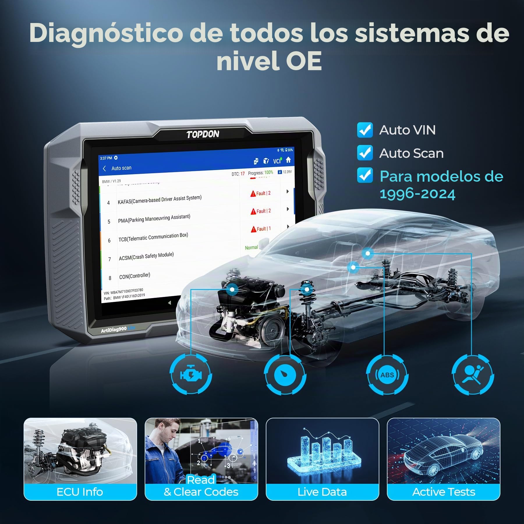 TOPDON OBDII Sistema Completo de Diagnóstico de Automóvil, ArtiDiag900 Lite Herramienta de Escaneo Bidireccional,8+ Servicios de Reparación, Escáner OBD2 Inalámbrico con Prueba Activa