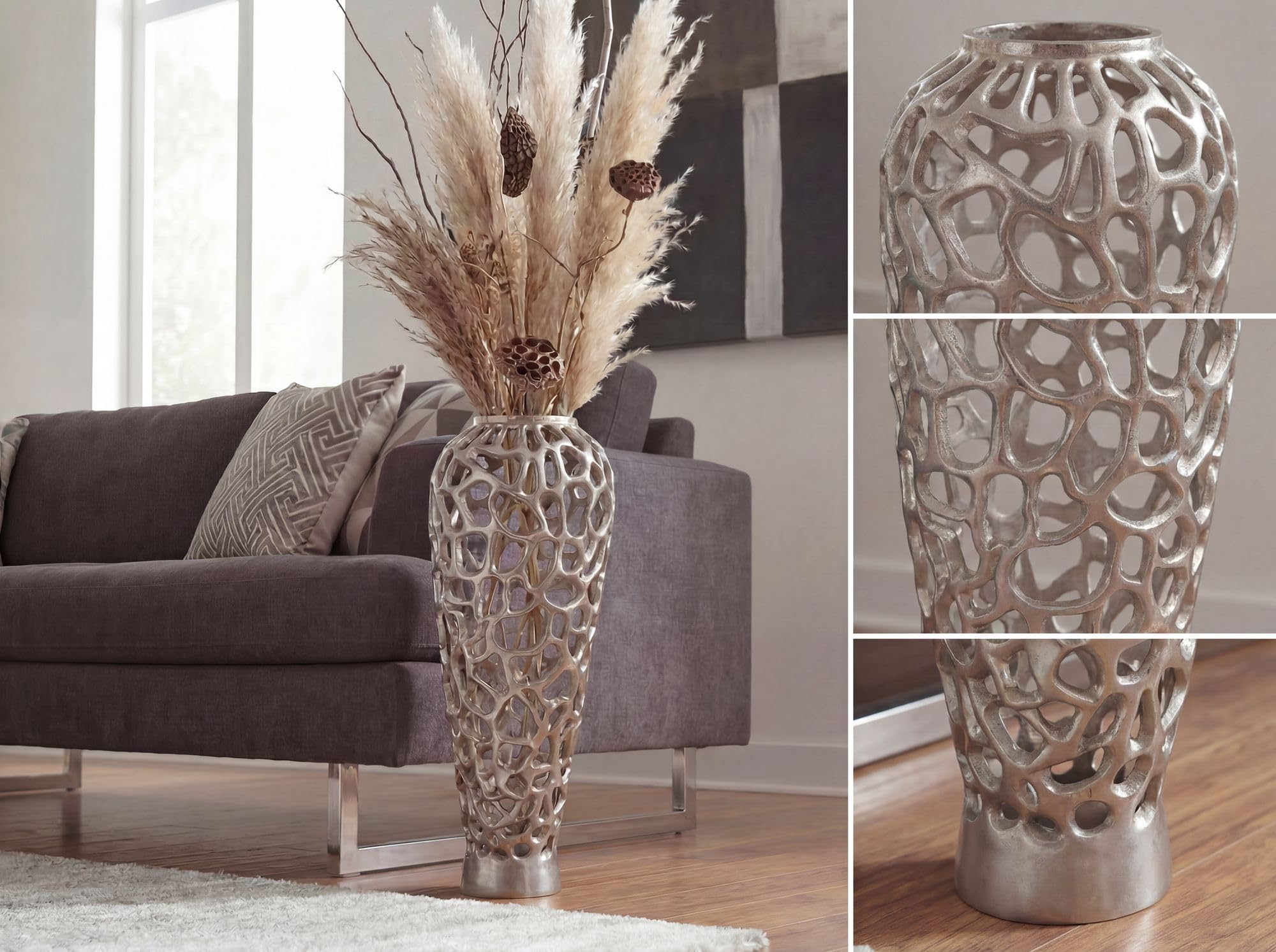 WOHNLING Bodenvase Aluminium 85cm Silber - Design Blumenvase Groß - Metallvase Modern - Dekovase rund für Trockenblumen - XXL Standvase Hoch - Wohnzimmer Deko - Wohndeko Handmade