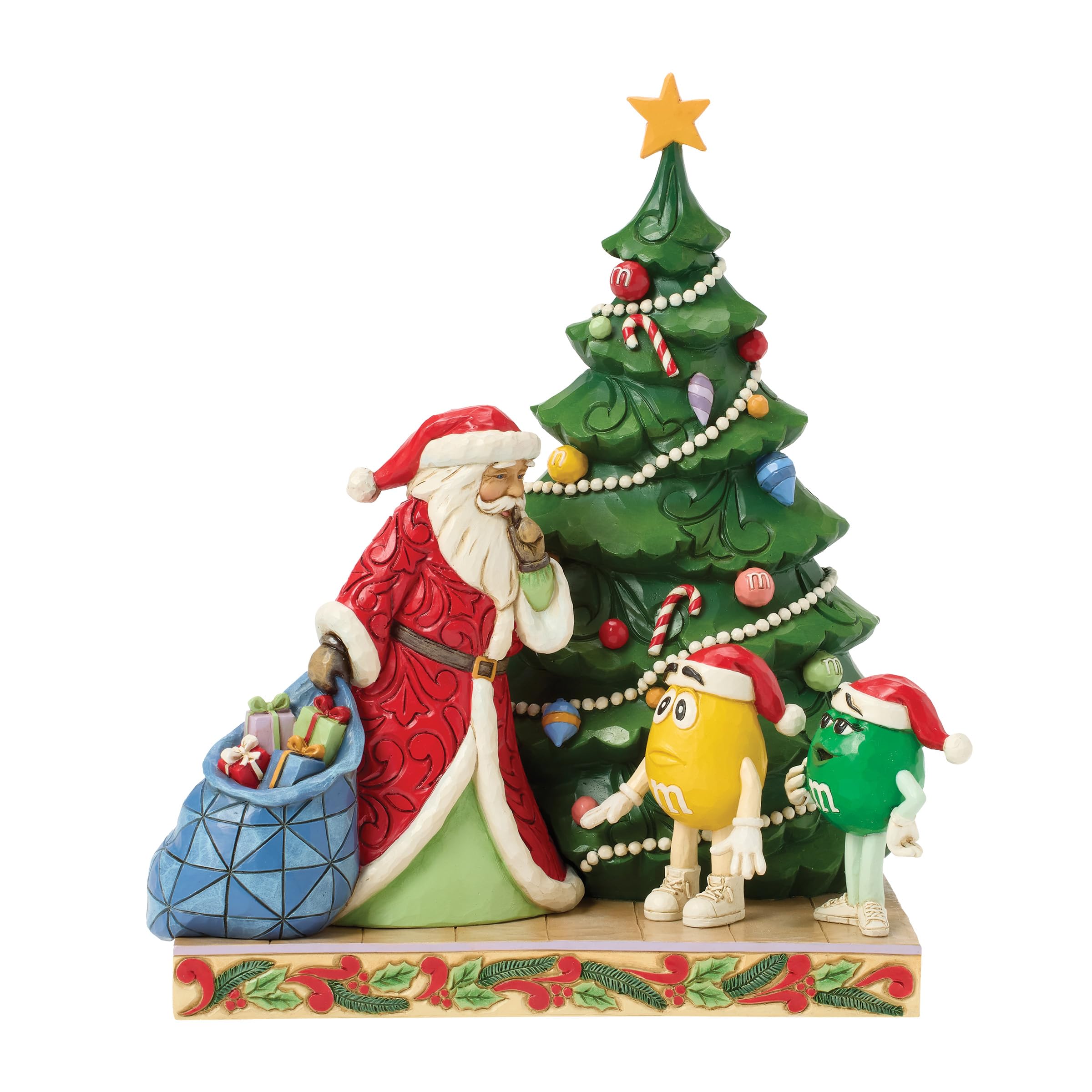 Enesco M&M's by Jim Shore Figurine de Père Noël avec Personnages Verts et Jaunes de Sapin de Noël, 21 cm, Multicolore