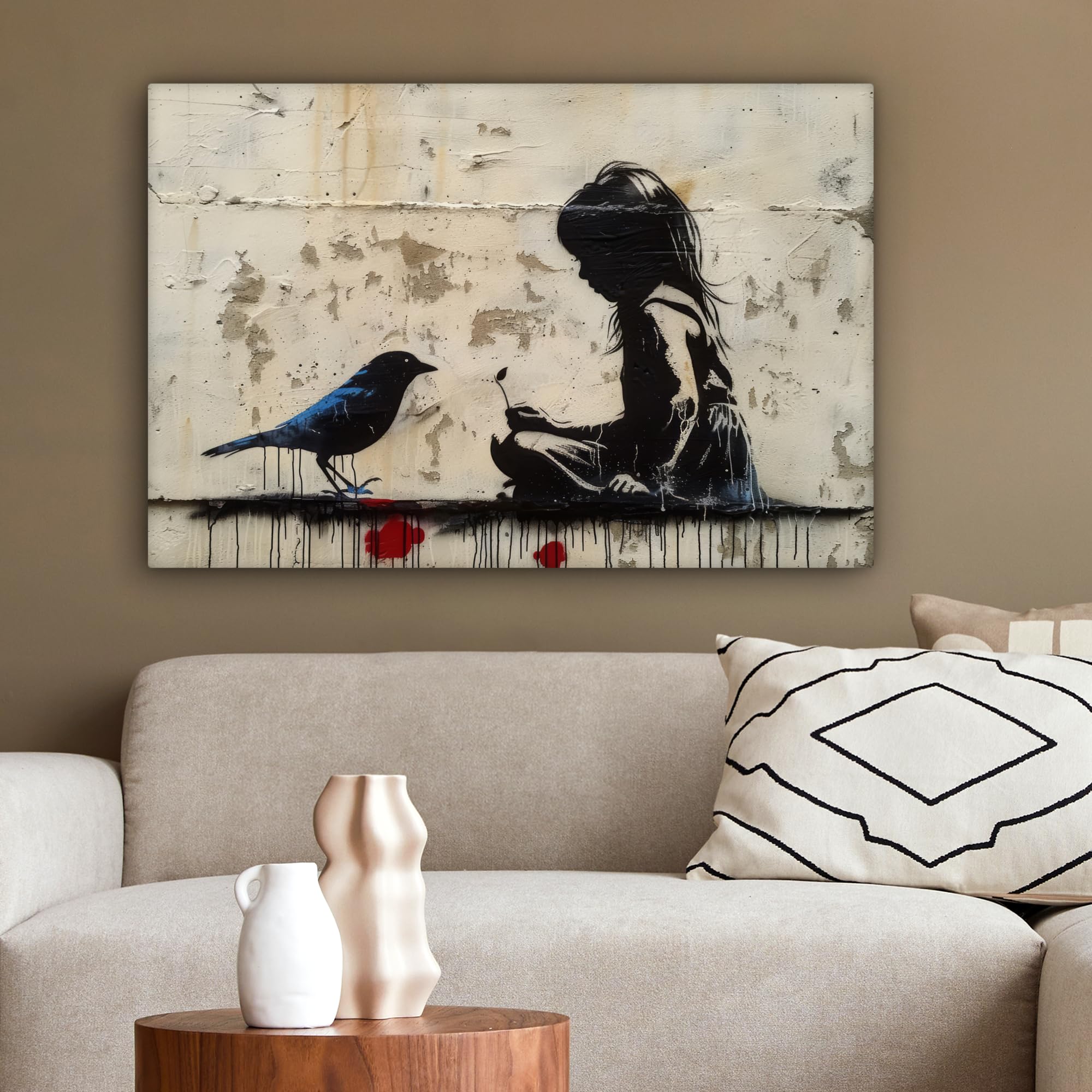 Banksy MuchoWow Tableau Mural 60x40 cm Toile Street Art Fille Oiseau Graffiti
