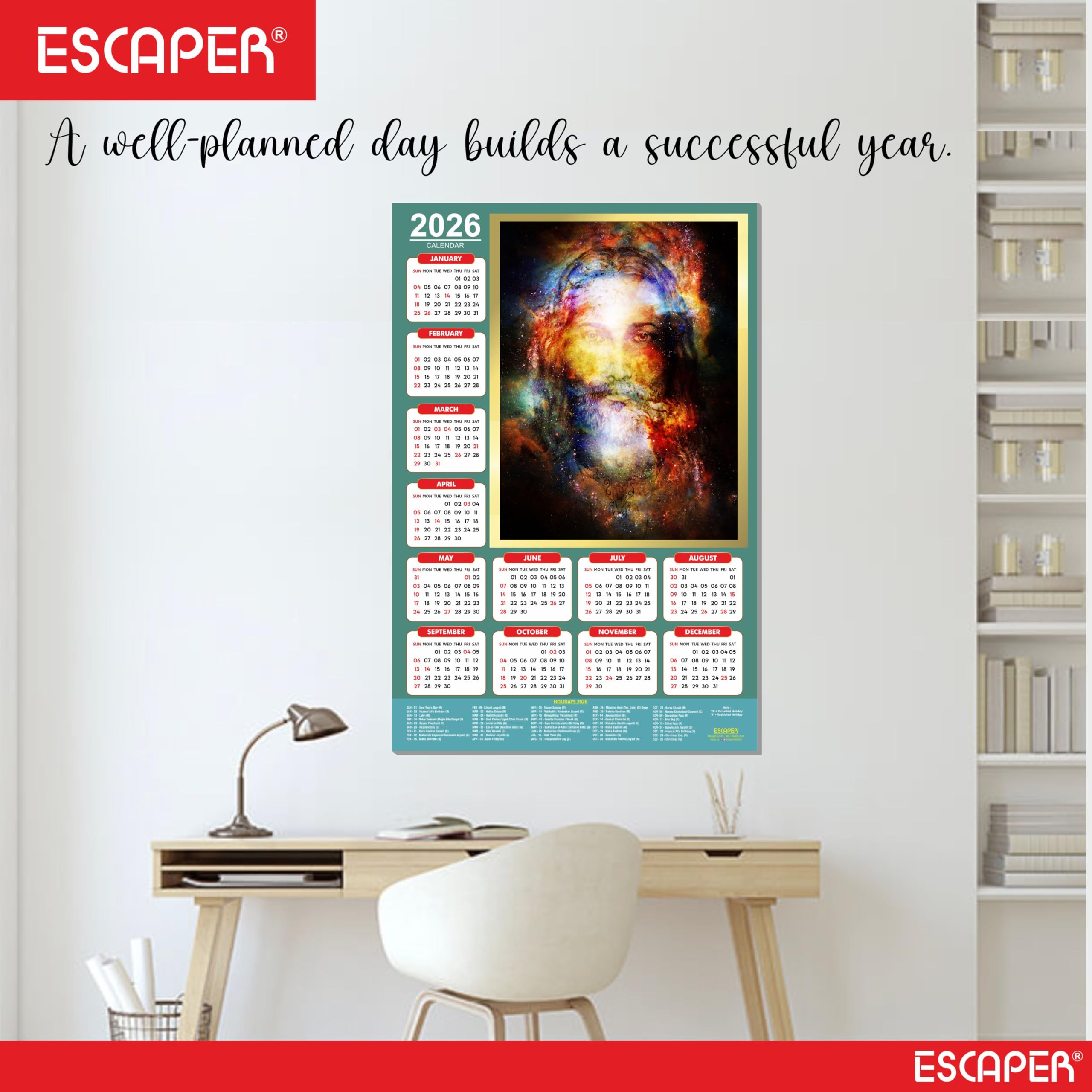 ESCAPER Calendario de pared de Jesús 2026, 12 x 18 pulgadas, calendario cristiano laminado con vacaciones indias, decoración religiosa de pared para el hogar y la oficina
